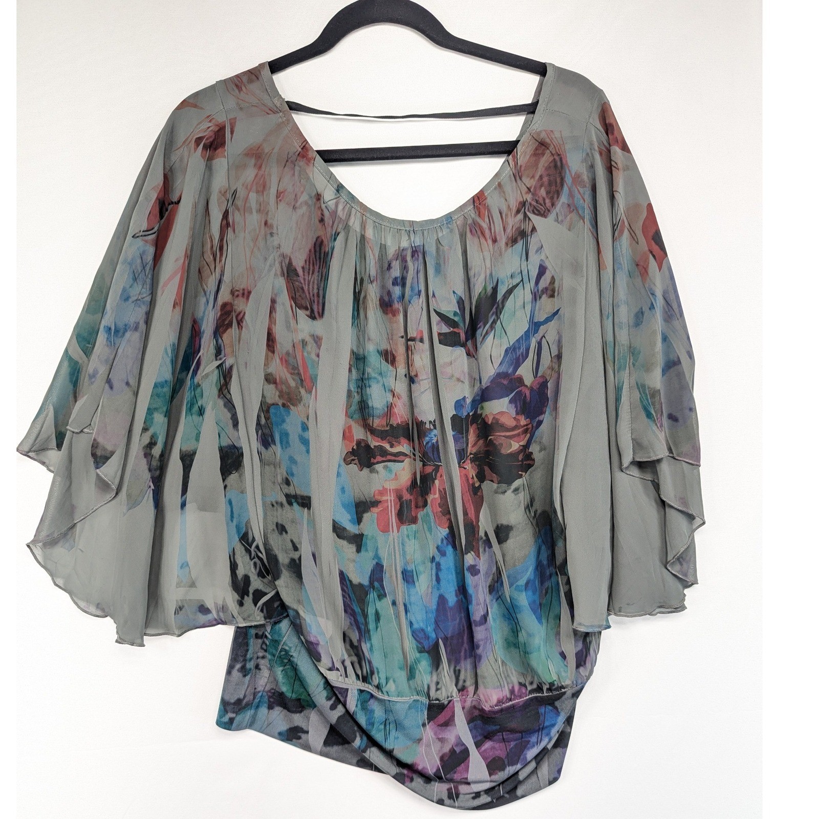Womens X-Large Blouse Sheer Butterfly Floral Print Dolman Sleeve Elastic Waist