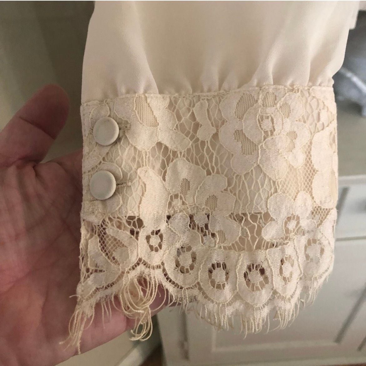 Topshop Cream Chiffon Blouse with Lace Panel Inset and Button Cuffs