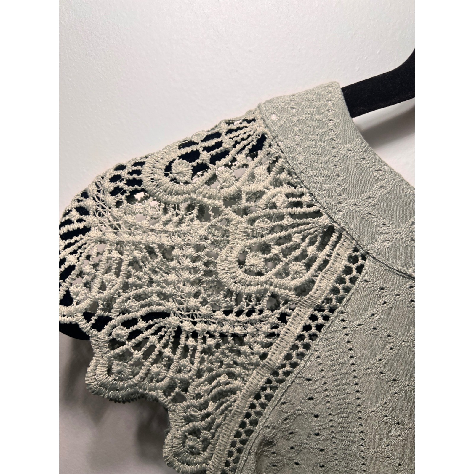 Boho Crochet Lace Trim Sage Green Cap Sleeve Top- Large