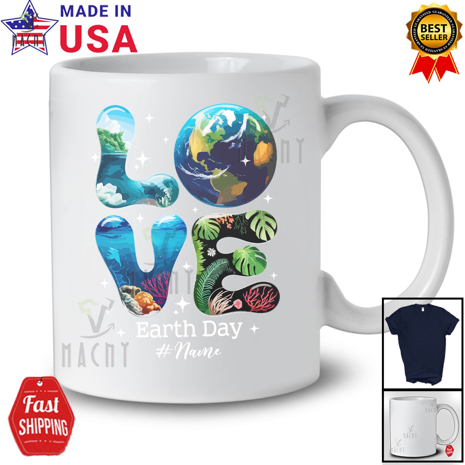 LOVE Earth Day 2025; Custom Name Restore Earth Sea Art Save the Planet T-Shirt