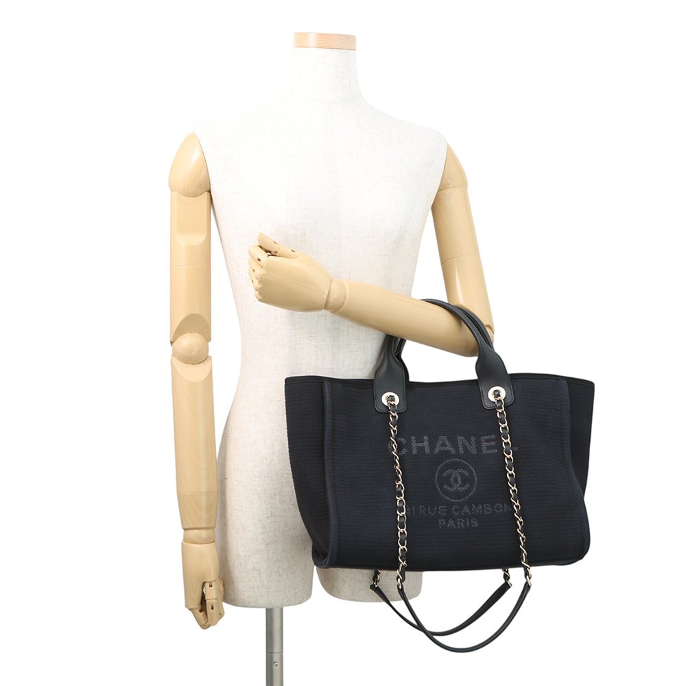 CHANEL Deauville Chain Tote Size Small Canvas/Leather Black AS3257