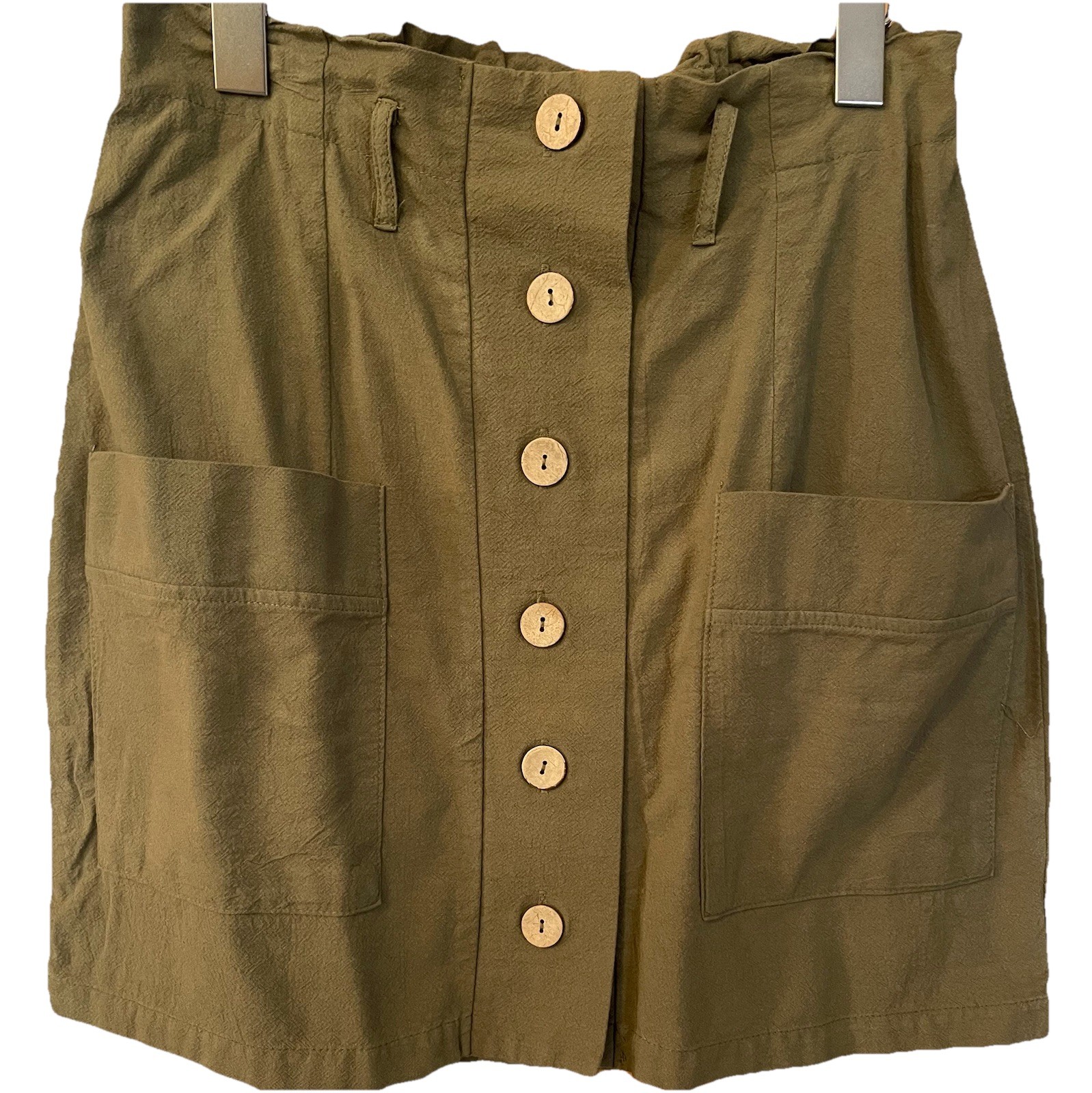 Hesperus Button Front Mini Skirt Sz L Olive Green Pockets Elastic Waist Modern