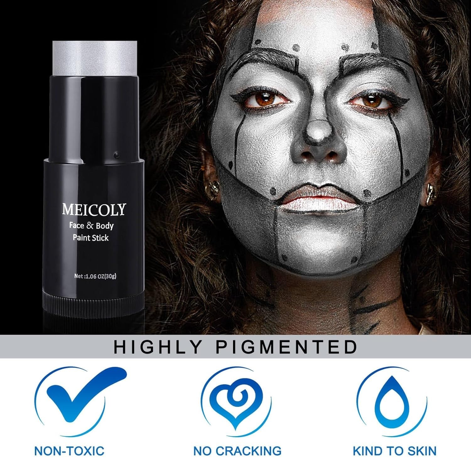 Complete Your Halloween Look with 1.06 Oz Silver Face Paint Stick – SFX Ready!