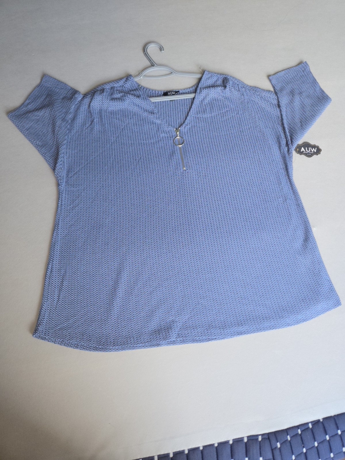 A.U.W. Blue Zip Neck Textured Blouse Top 1X Plus Size NWT