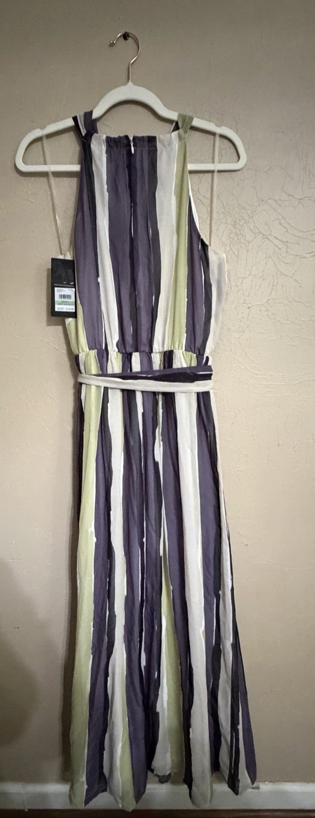 NWT Nine West Maxi Dress Size 8 Green Purple Stripe Sleeveless Belted $139