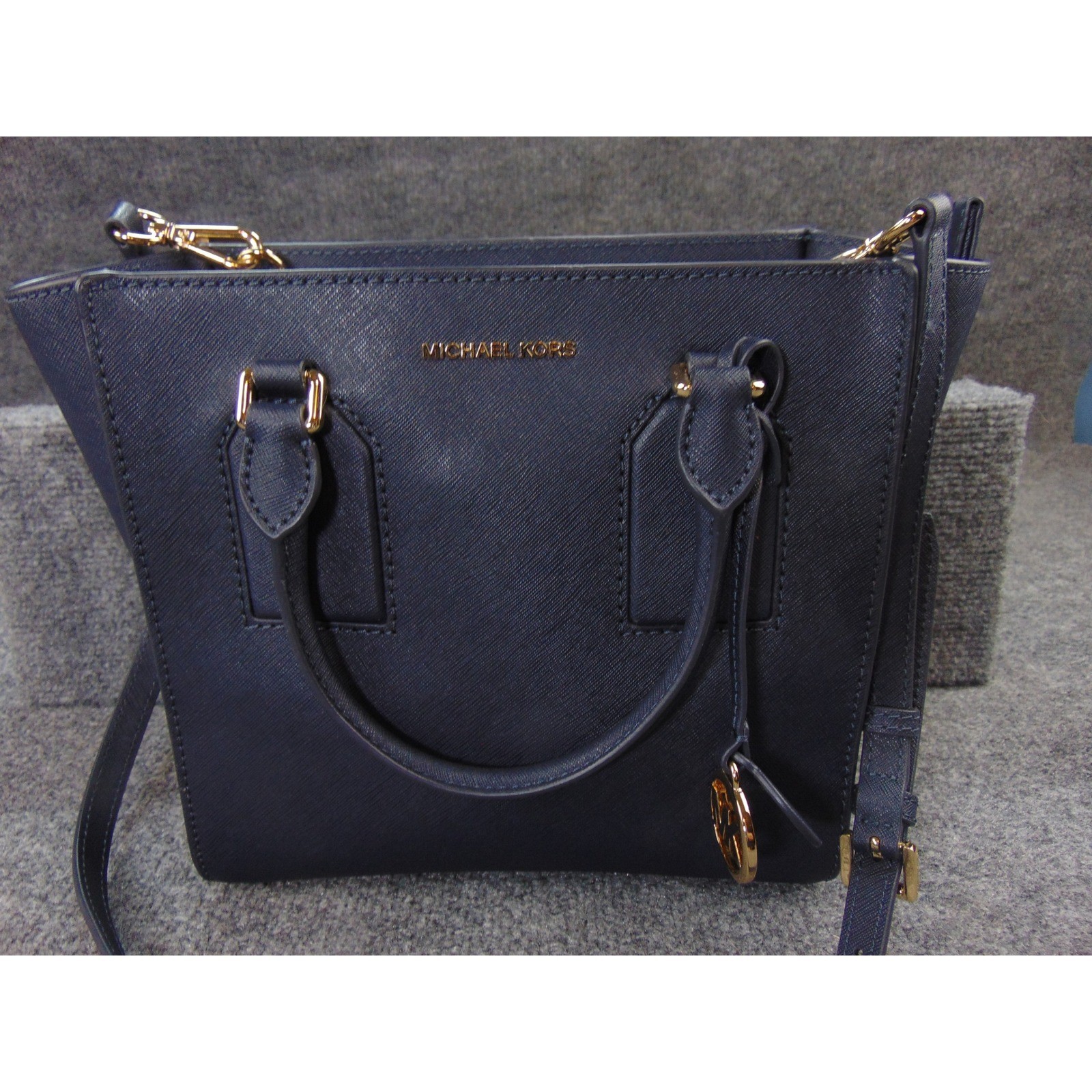 Michael Kors Savannah Satchel Navy Blue Saffiano Leather Crossbody 38F7GEYS2L