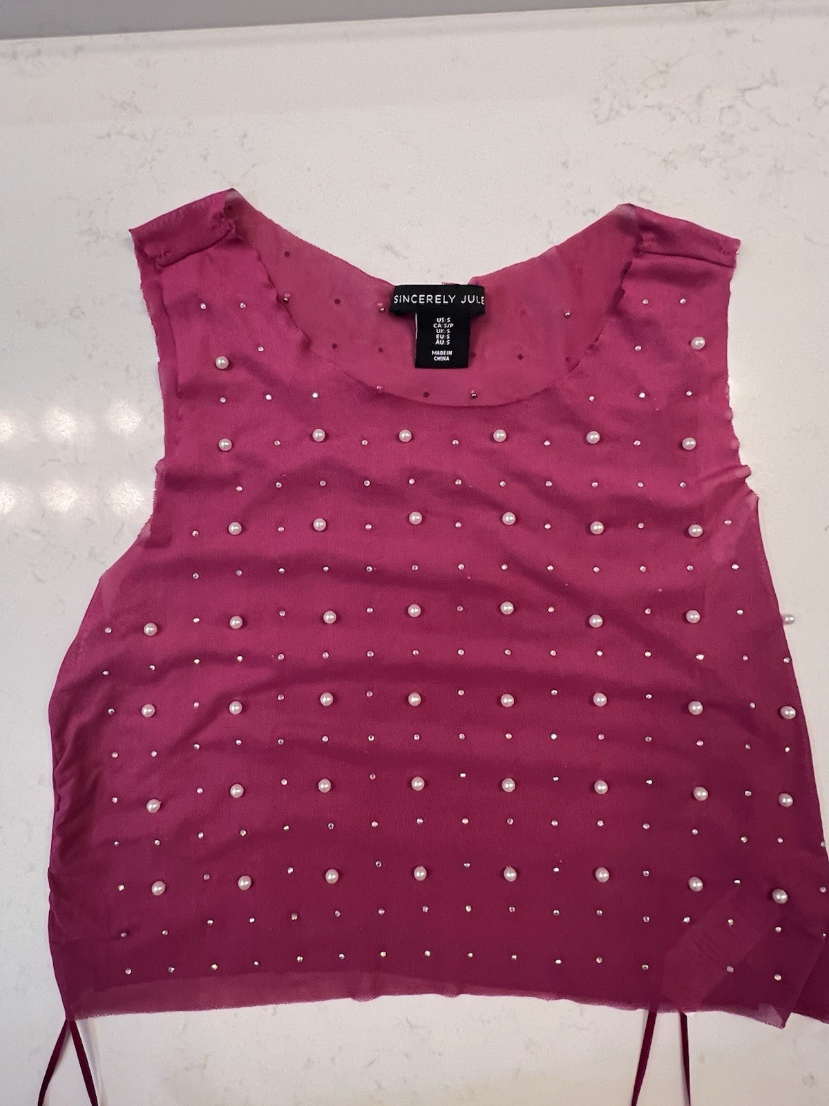 Sincerely Jules Pink Sheer Mesh Pearl Rhinestone Cropped Scoop Neck Top Size S