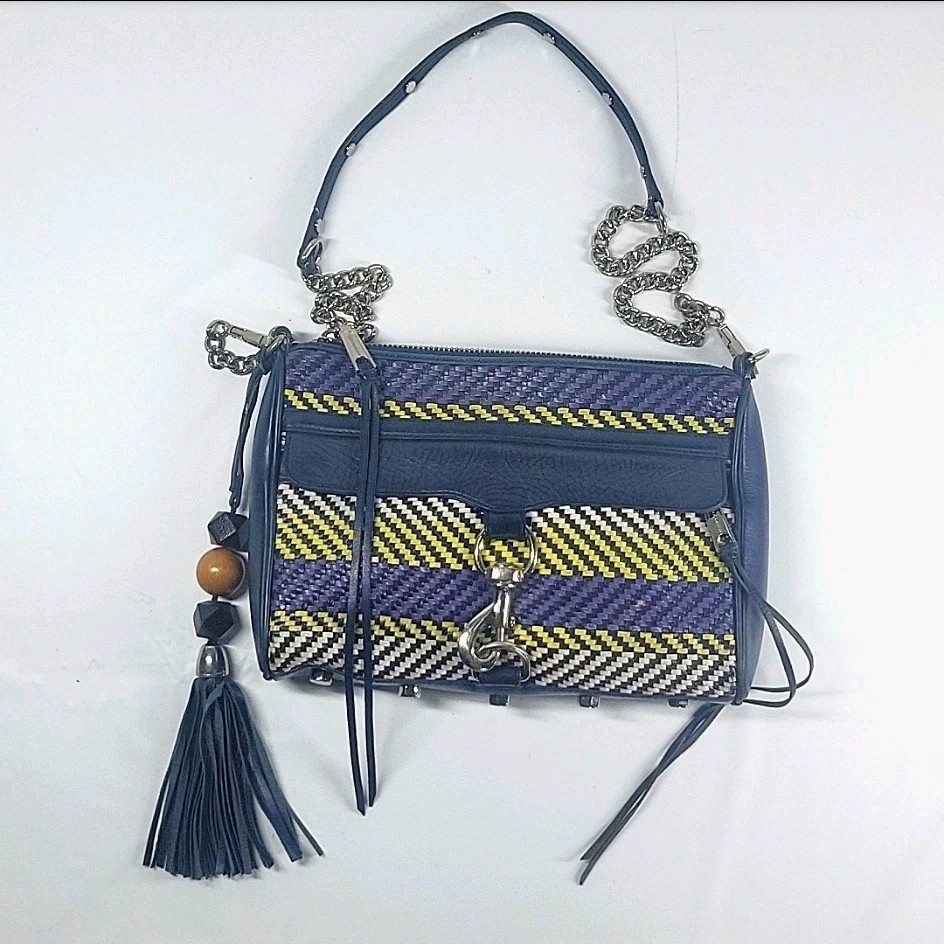 Rebecca Minkoff MAC Woven Leather Crossbody Bag Chain Strap Navy Tassel