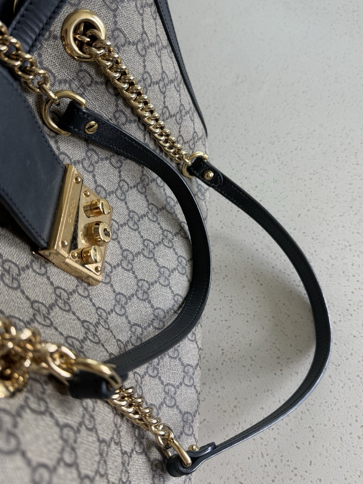 Gucci GG Padlock Medium Top Handle Bag Beige Black Gold Lock Chain Strap