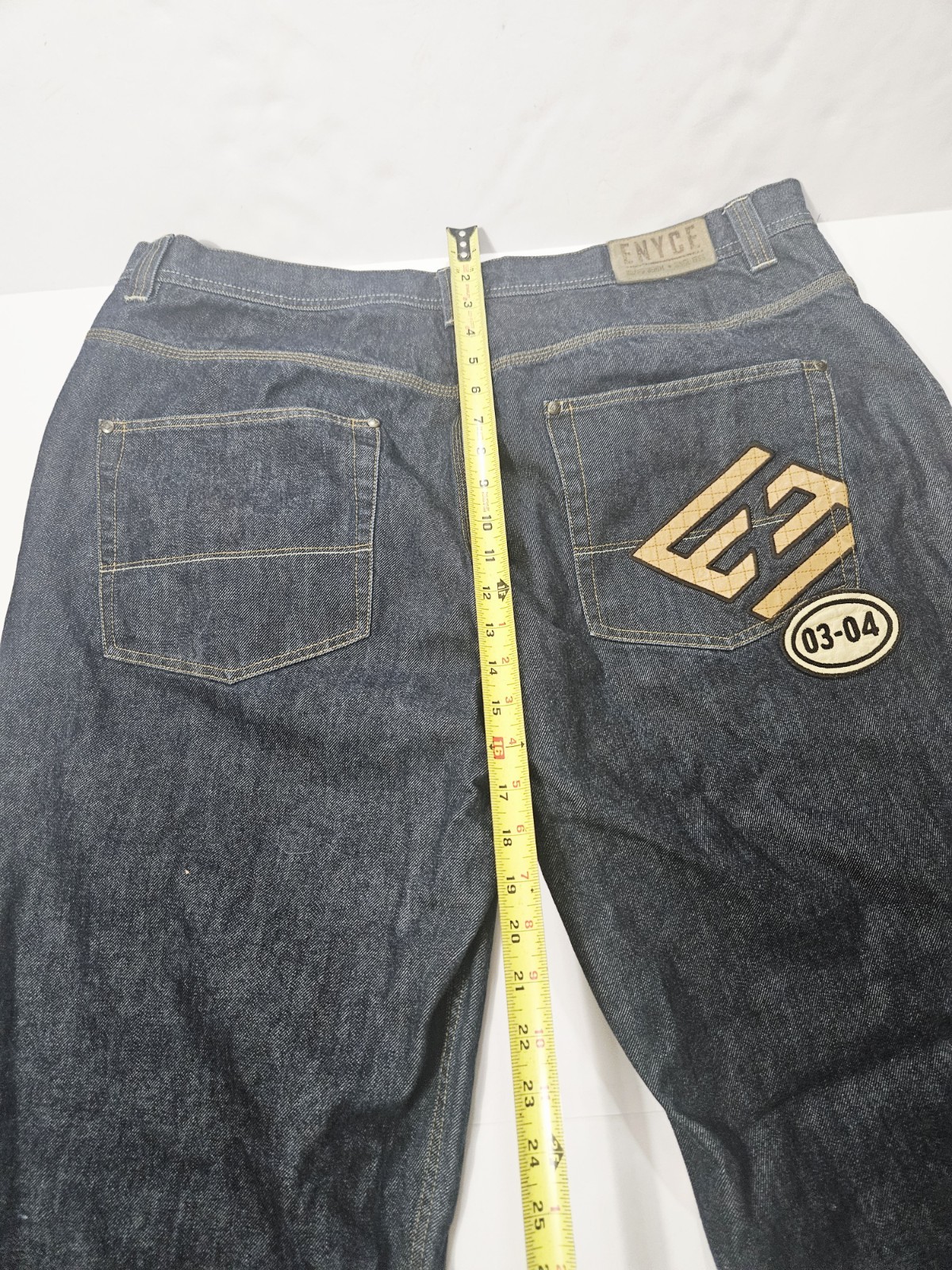Enyce Dark Wash Leather Cotton Denim Jeans Logo Patch Men’s Size 42 Short Leg
