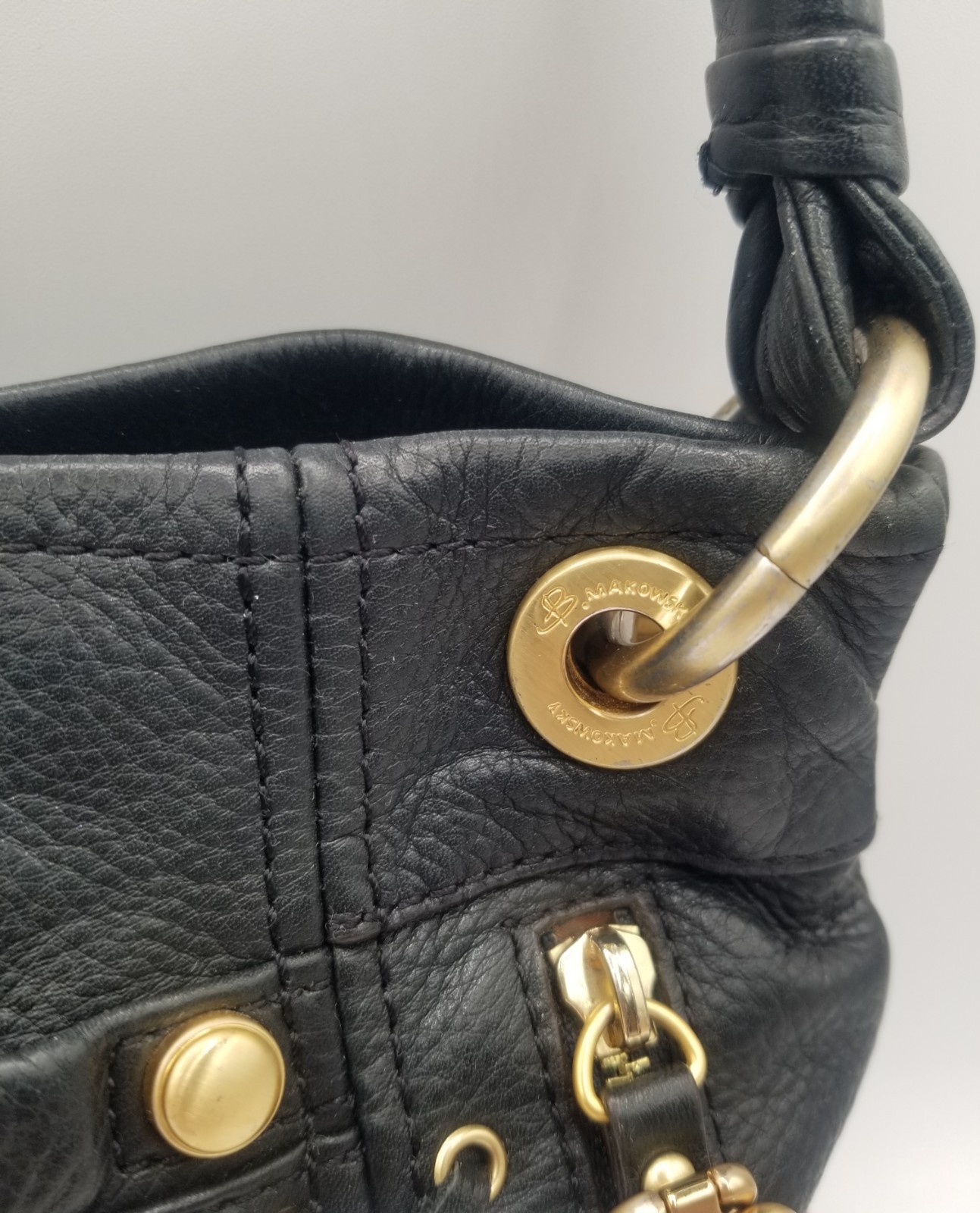 B Makowsky Black Pebble Leather Hobo Bag Gold Hardware Corset Lace Up, Side Zips