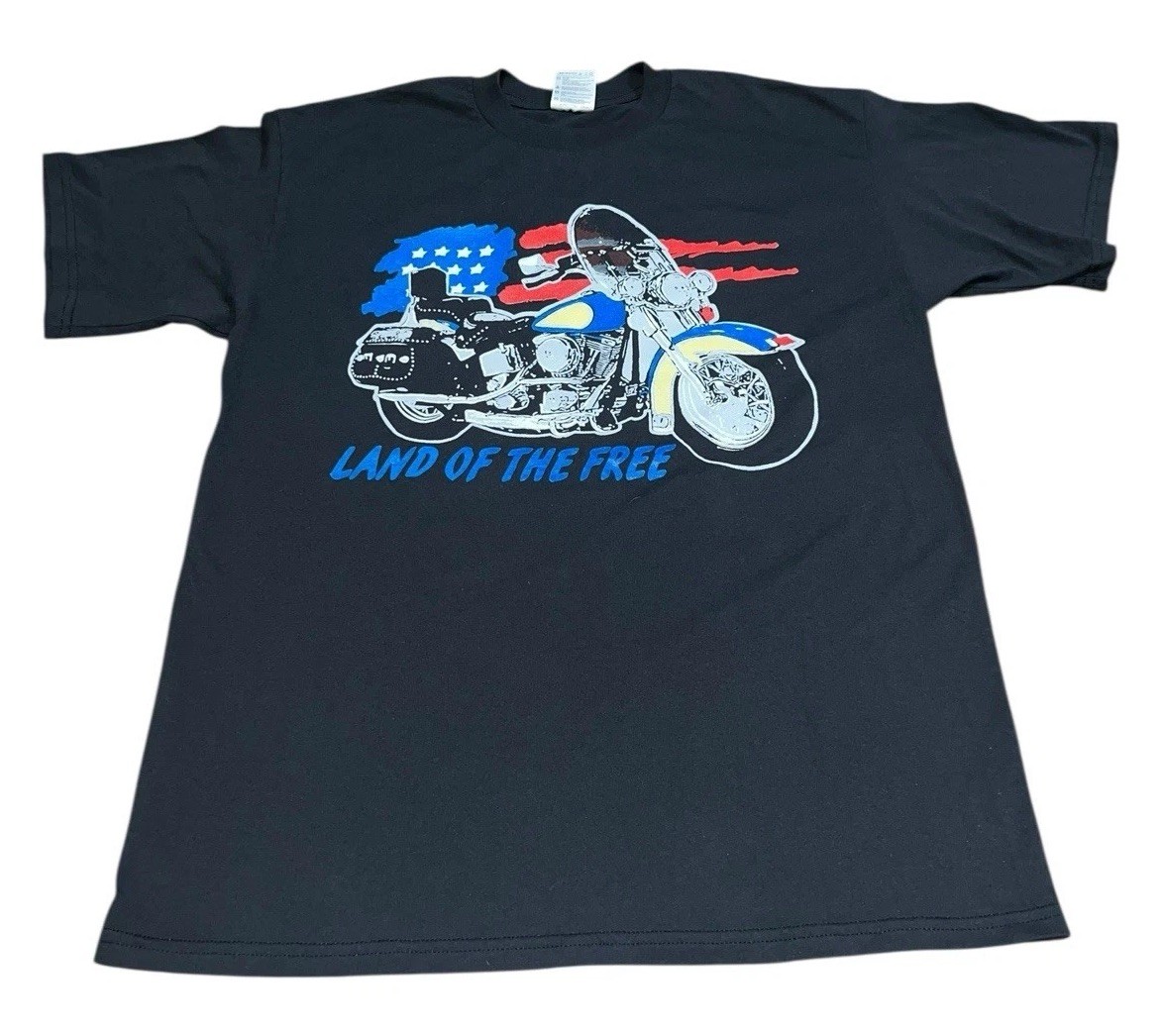 VTG 90s Biker Motorcycle Land of the Free Shirt XL American Flag USA Harley A6