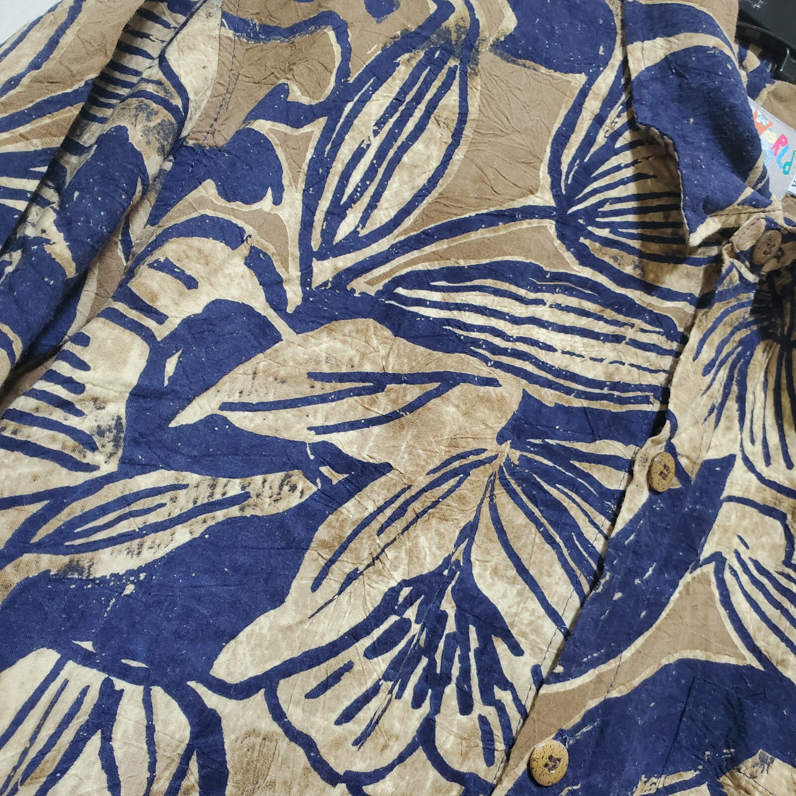 Jams World Shirt Men XL run Small Brown Blue Floral Hawaiian Lily Abstract Light