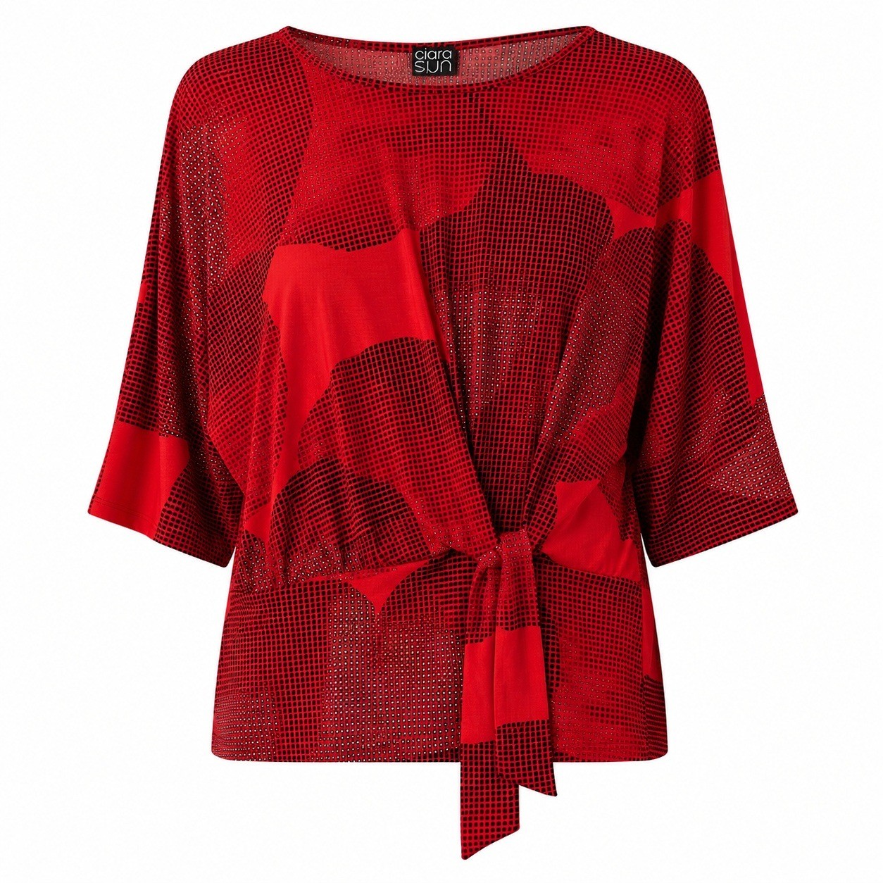 Ciara Sun Woo Red Black Geometric Print Tie Front Blouse Size S No Tuck Top