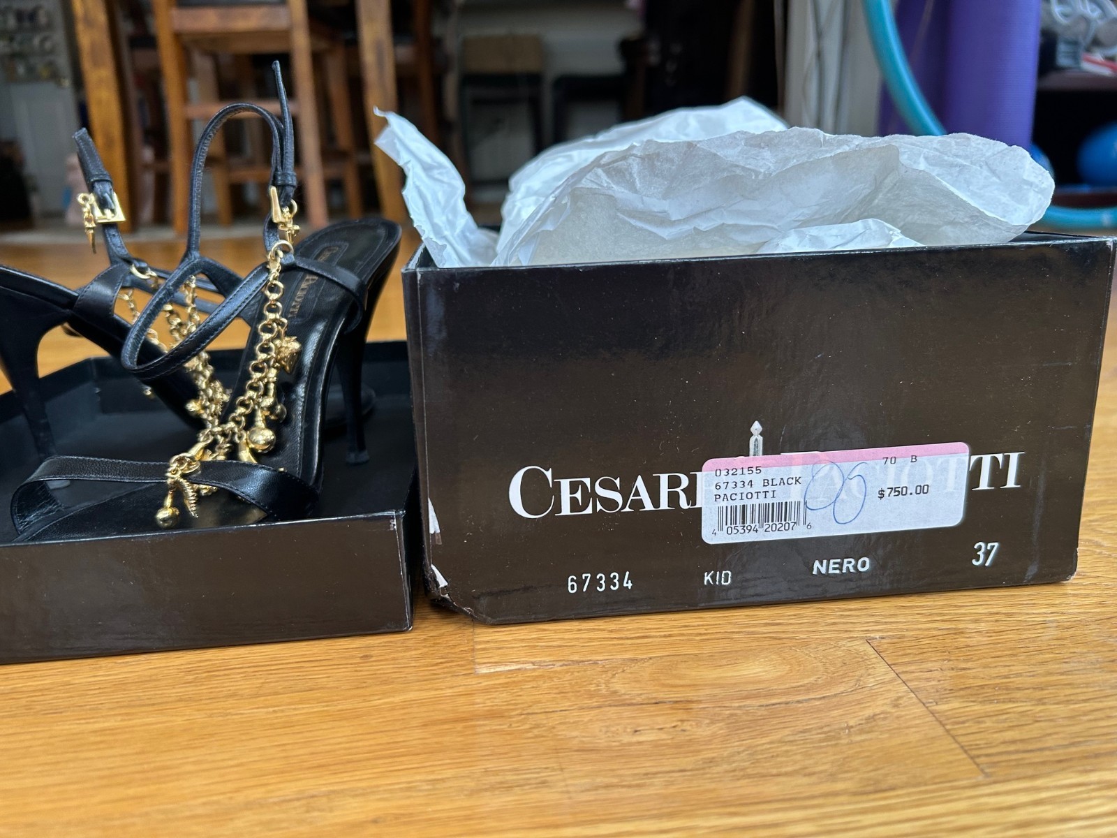 CESARE PACIOTTI Black Leather Charm-Embellished Slingback Sandals IT 37 Good Box
