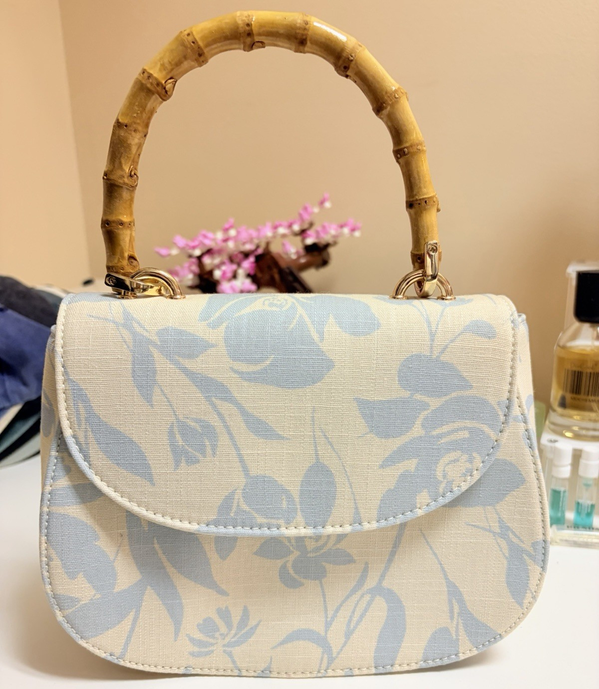 Beige/Blue Floral Satchel Top Handle Bag Bamboo Handle Gold Hardware Small