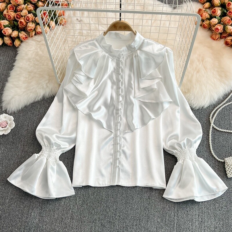 RufflesLady Women Faux Silk Shirt Tops Blouse Satin Retro Flare Sleeve Princess