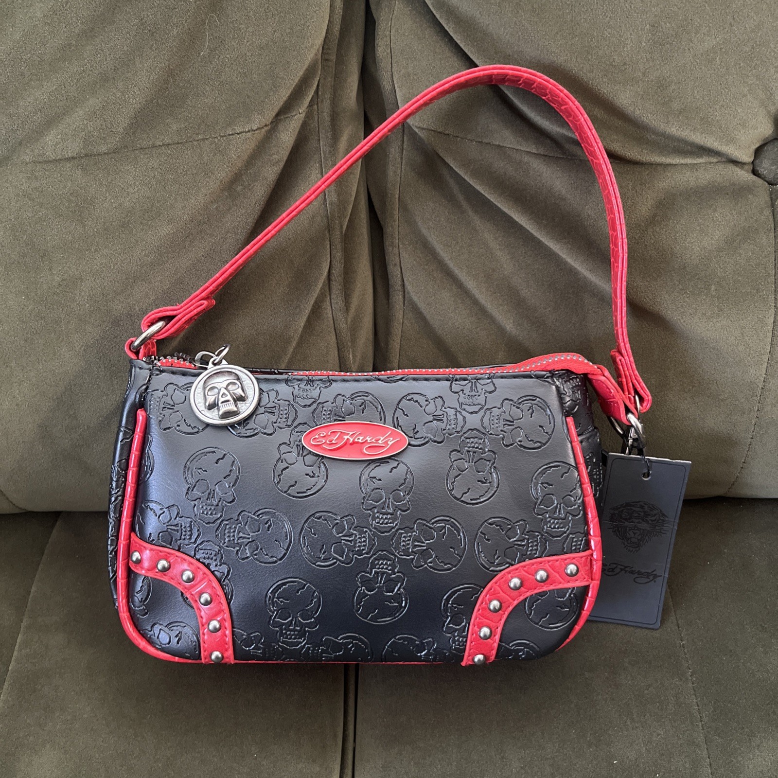 Ed Hardy Black Red Skull Embossed Studded Shoulder Bag Zip Top Silver Hardware