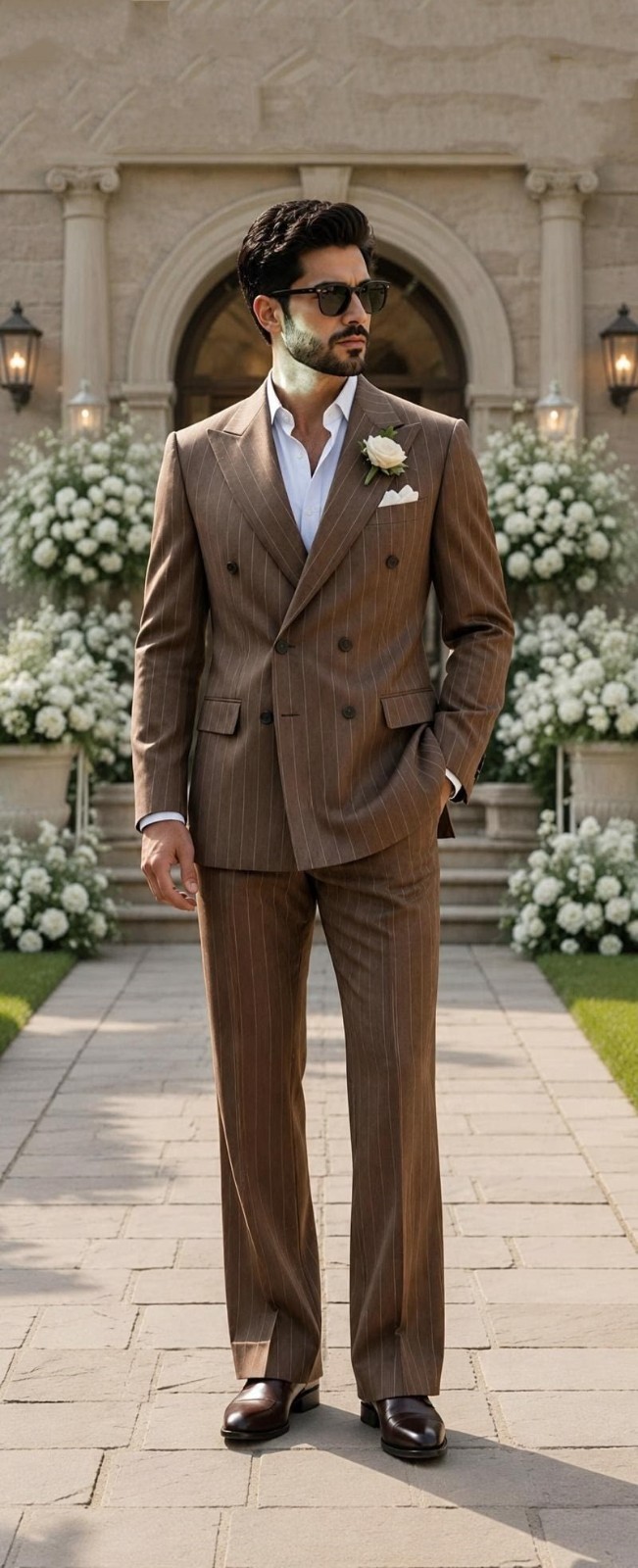 Brown Double Breasted Men Suits Striped Peak Lapel Jacket Business Workwear Coat