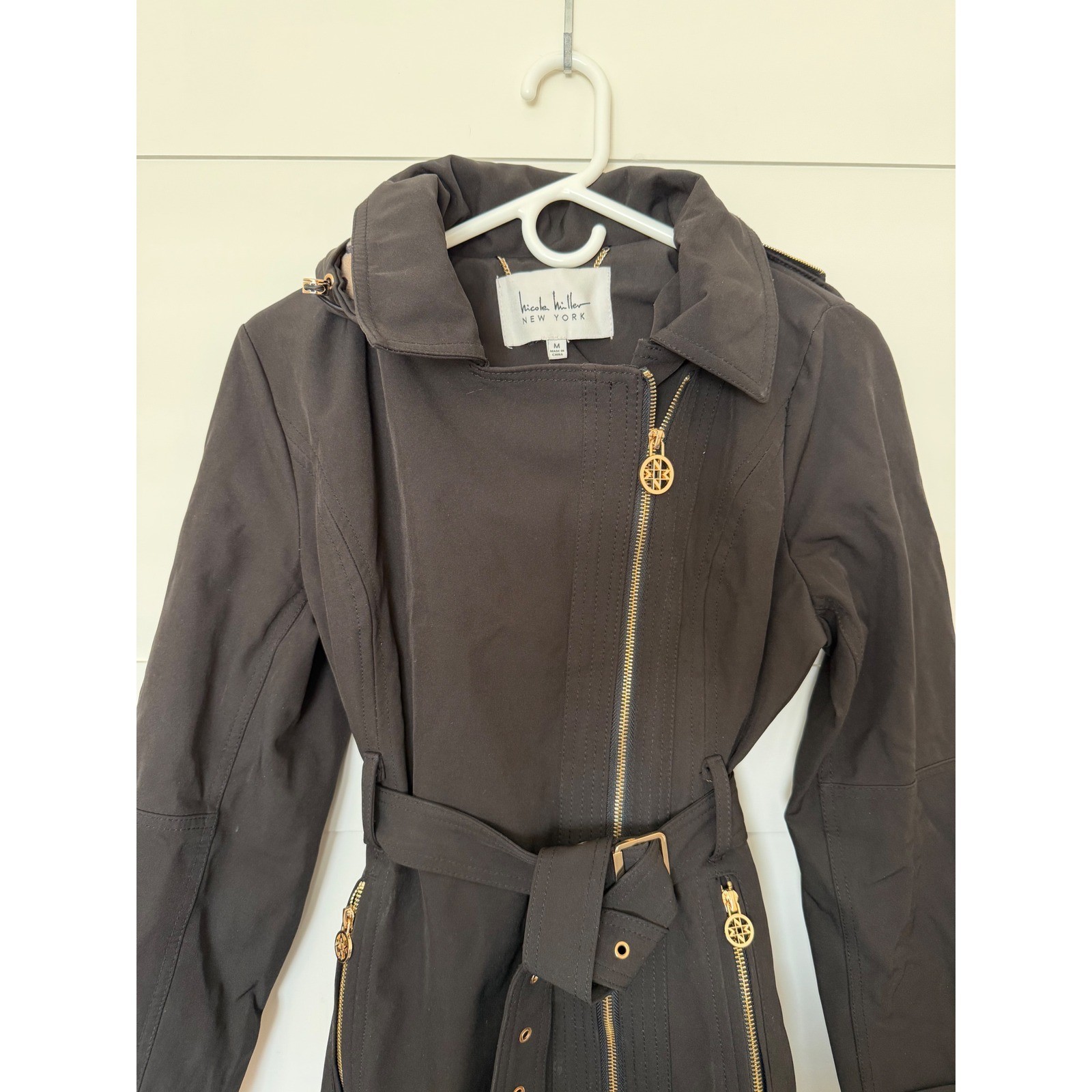 Nicole Miller New York Trench Coat Black Belted Leopard Hood Moto Zip Womens M