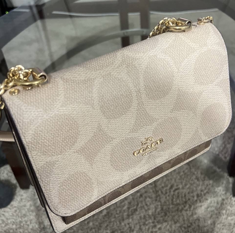 Coach Signature Logo Snap Flap Crossbody Bag Beige/Brown Gold Chain Strap