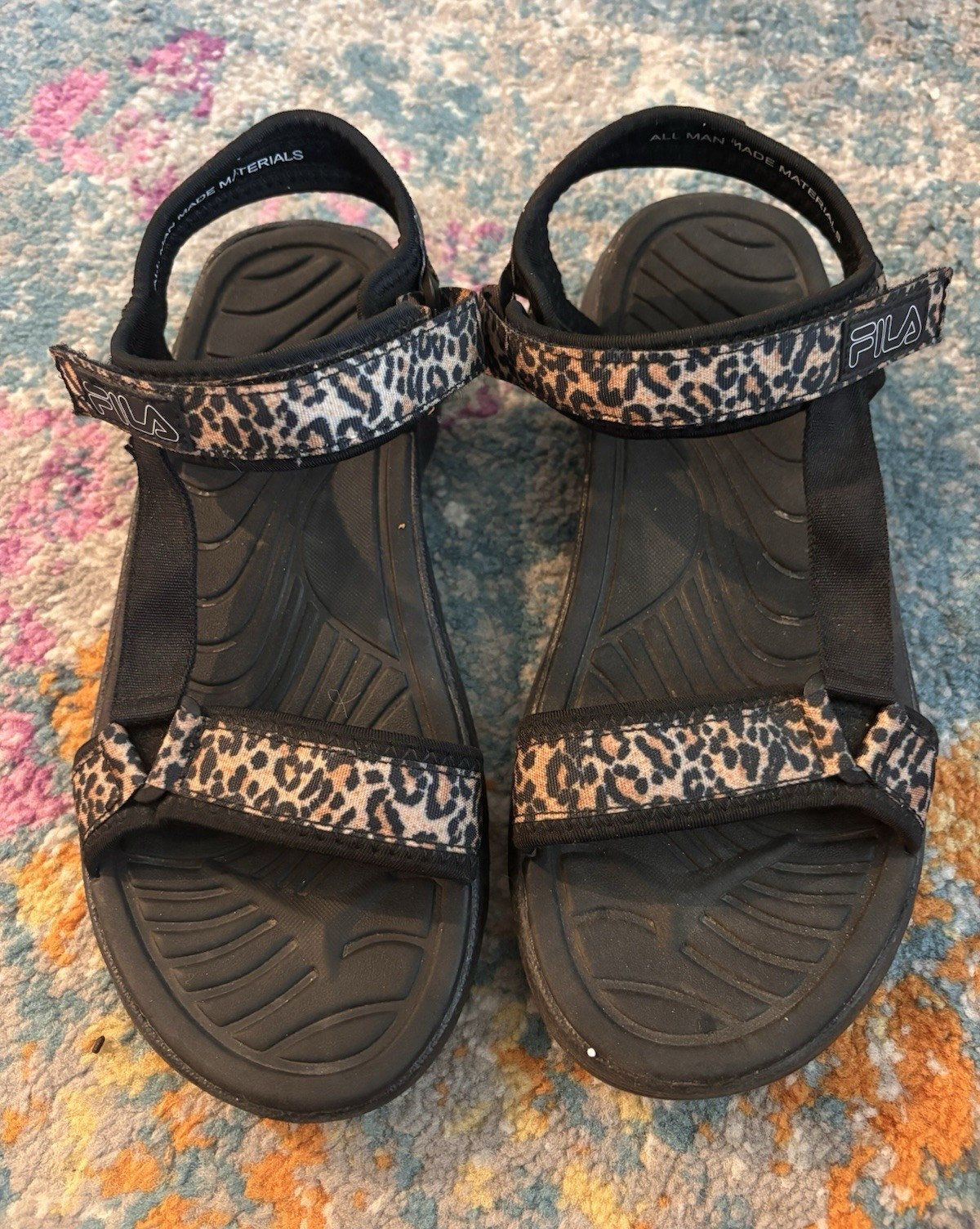 FILA Unisex Kids US 9 Black Leopard Strappy Sandals Adjustable Hook & Loop
