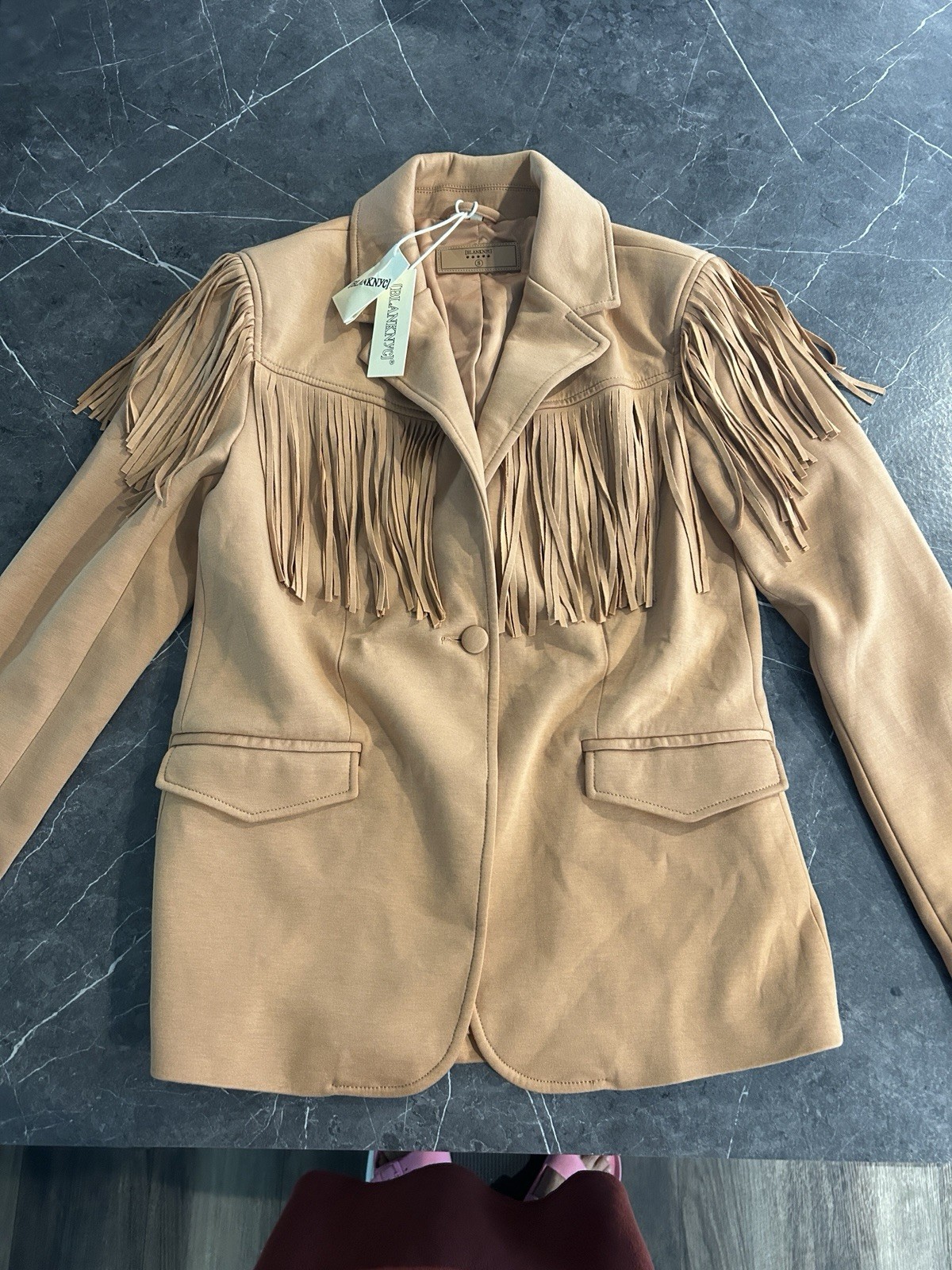 BLANKNYC Women’s Beige Western Fringe Blazer Jacket Cowgirl /rayon polyester