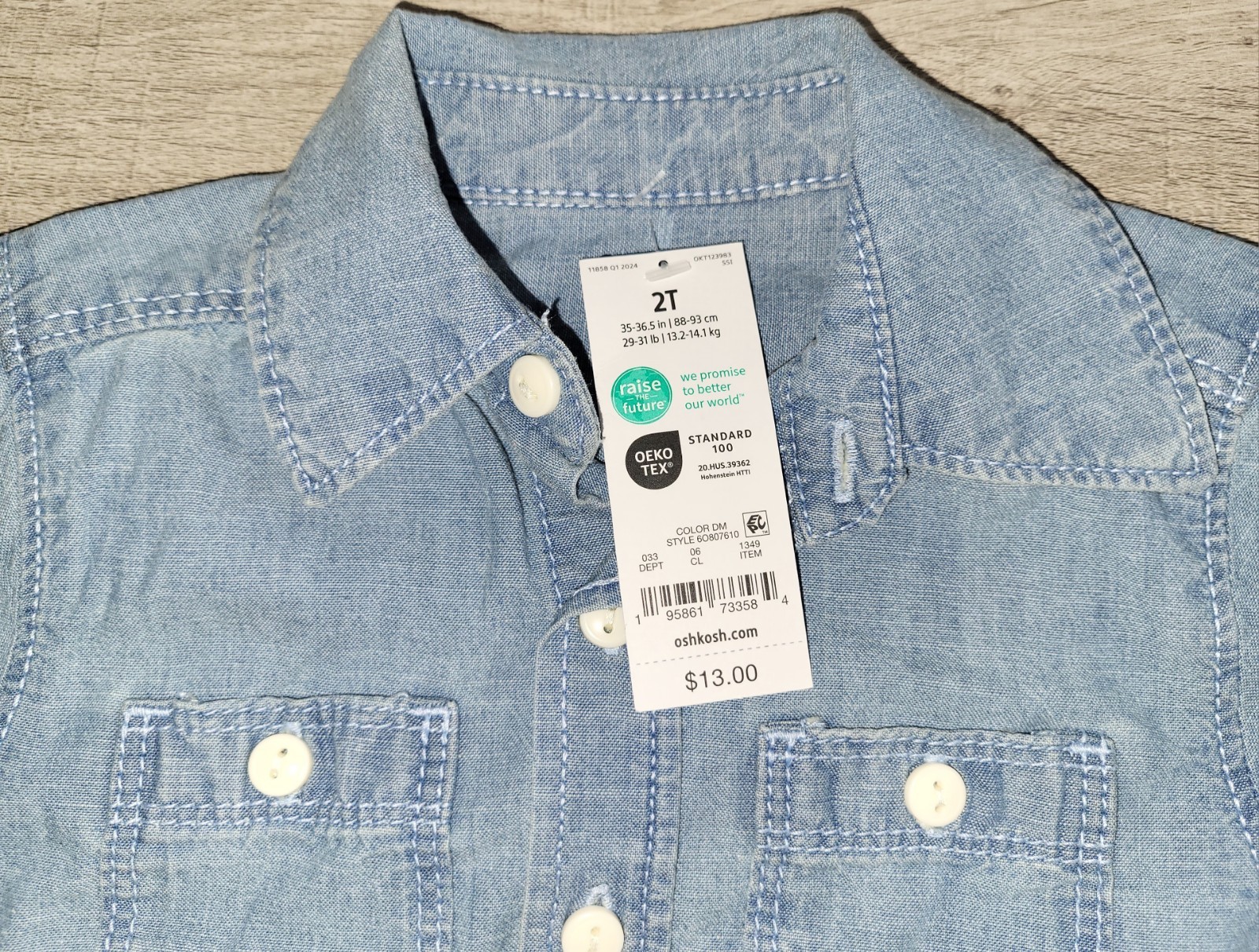 OshKosh B’Gosh Baby Toddler Boys Blue Denim Chambray Button Up Shirt Size 2T NWT