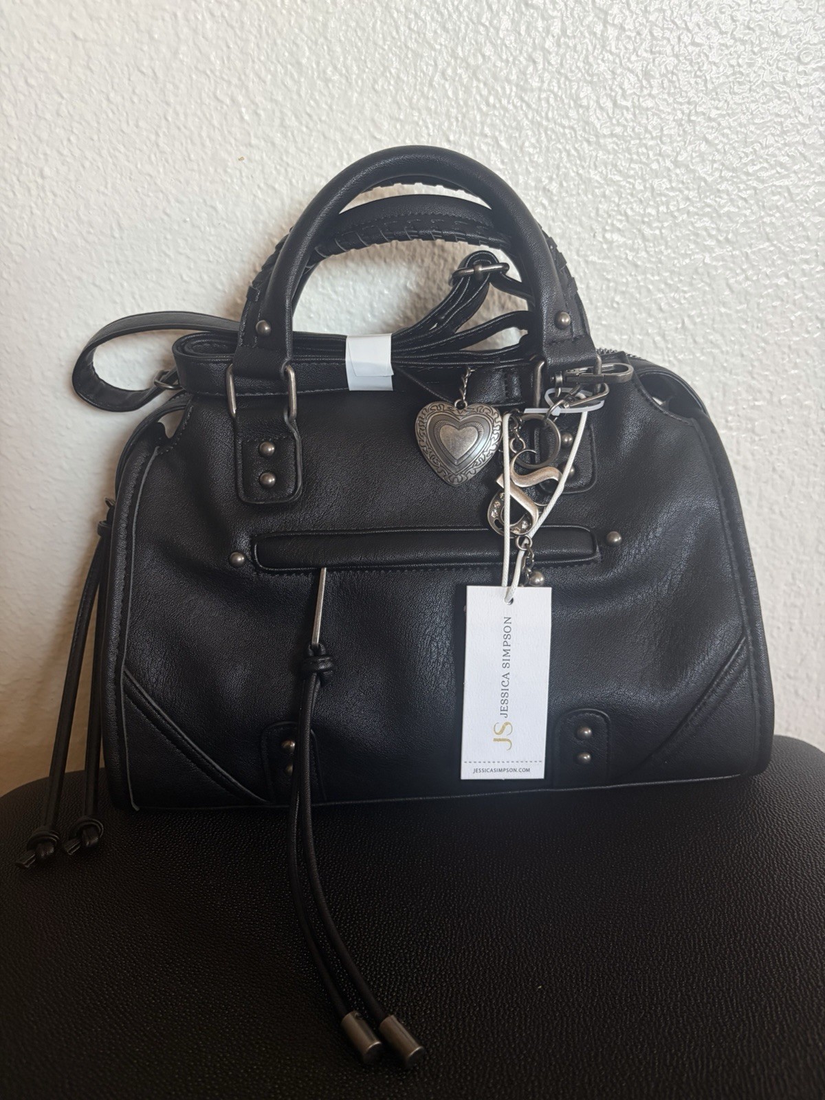 Jessica Simpson Black Satchel Top Handle Zip Heart Charm Bag