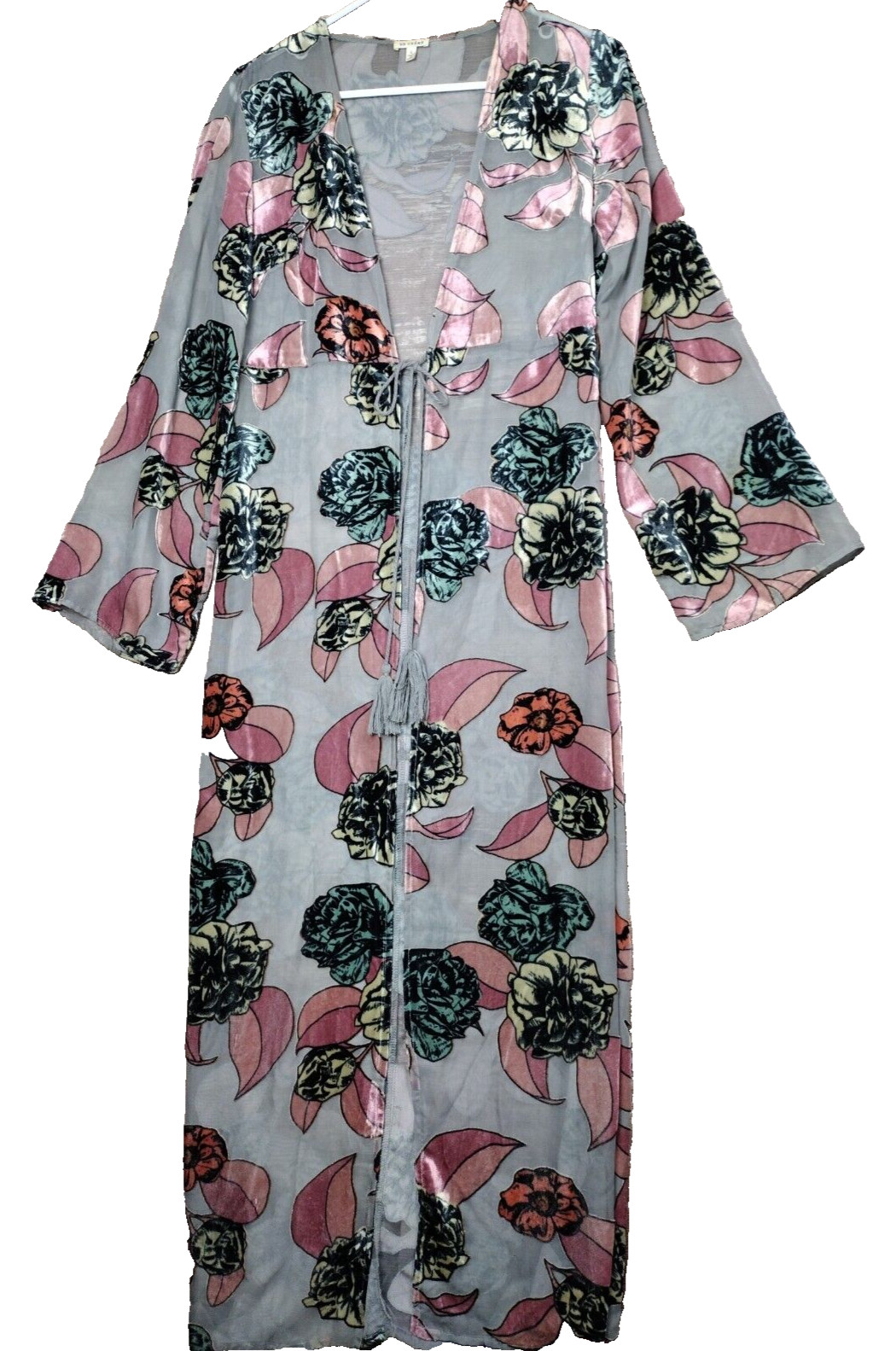 En Creme Size S Open Cardigan W/Velvet Flowers Boho Hippie Shirt Beach Cover Up