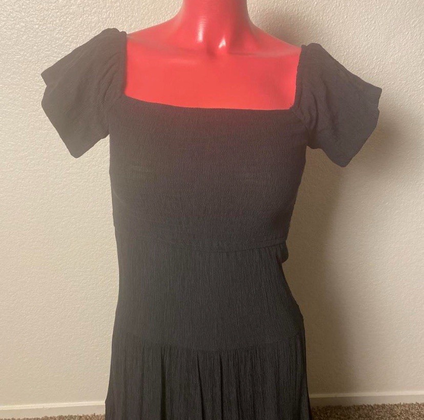 Black Smocked Maxi Dress Milkmaid Short Puff Sleeve Boho Tiered Long S