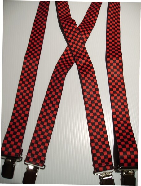 Men’s Suspenders: X Style Black & Red Checkers, with Clips, Loop Snaps. USA Made