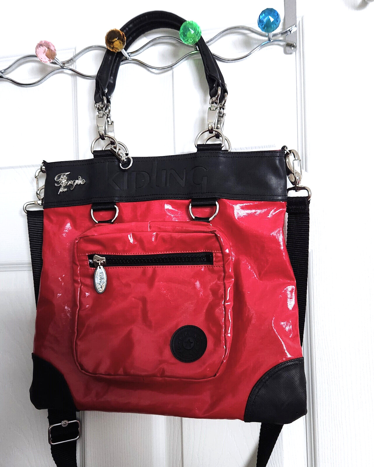 Kipling Fergie Glossy Convertible Crossbody Bag Tote Red and Black, Front Pouch