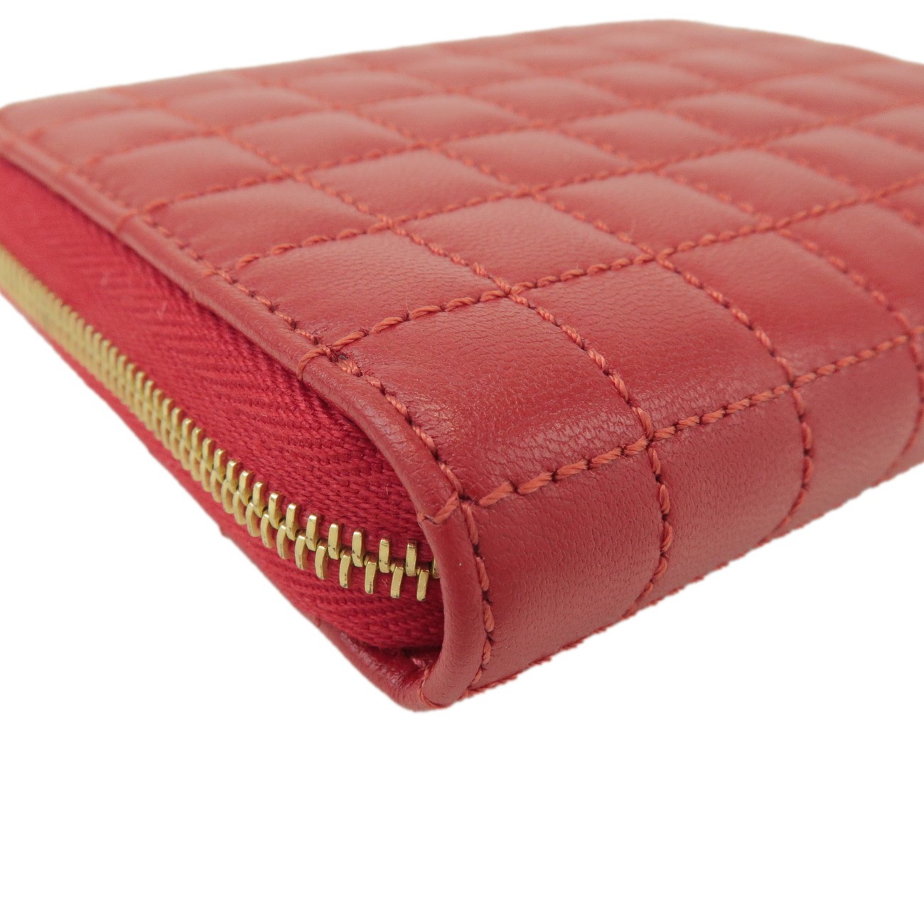 CELINE Leather Compact Zippy Wallet Coin Case C-charm Red Authentic Used F/S