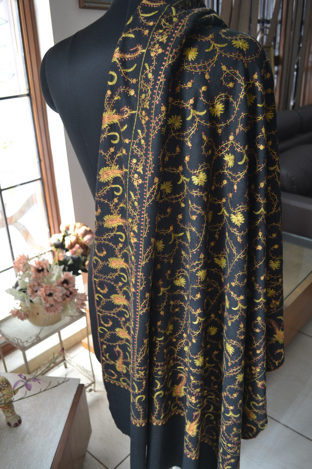 100% CASHMERE BLACK PASHMINA KASHMIRI EMBROIDERY INTRICATE JAAL SHAWL-16 DESIGNS