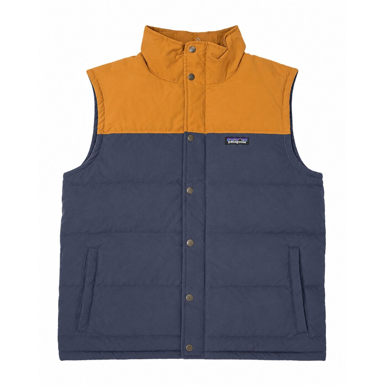 Patagonia Men’s Puffer Vest Size M Navy Blue Mustard Tan Colorblock Snap Front