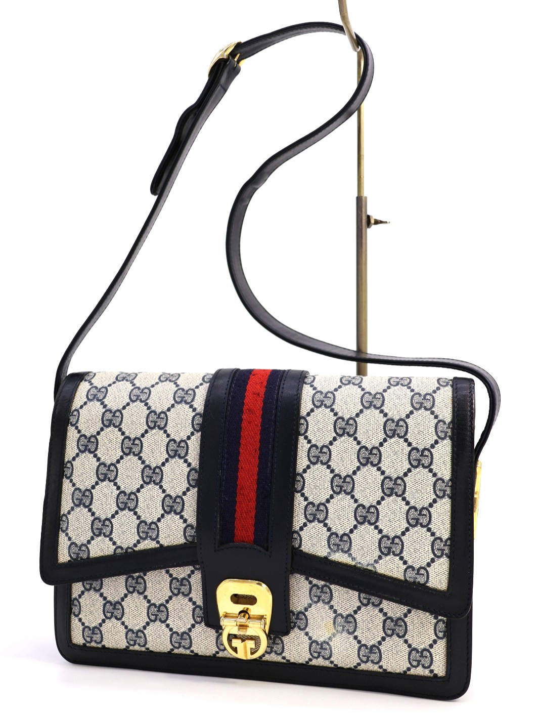 GUCCI VINTAGE GG Supreme Shoulder Bag Web Stripe Buckle Navy Rare Authentic