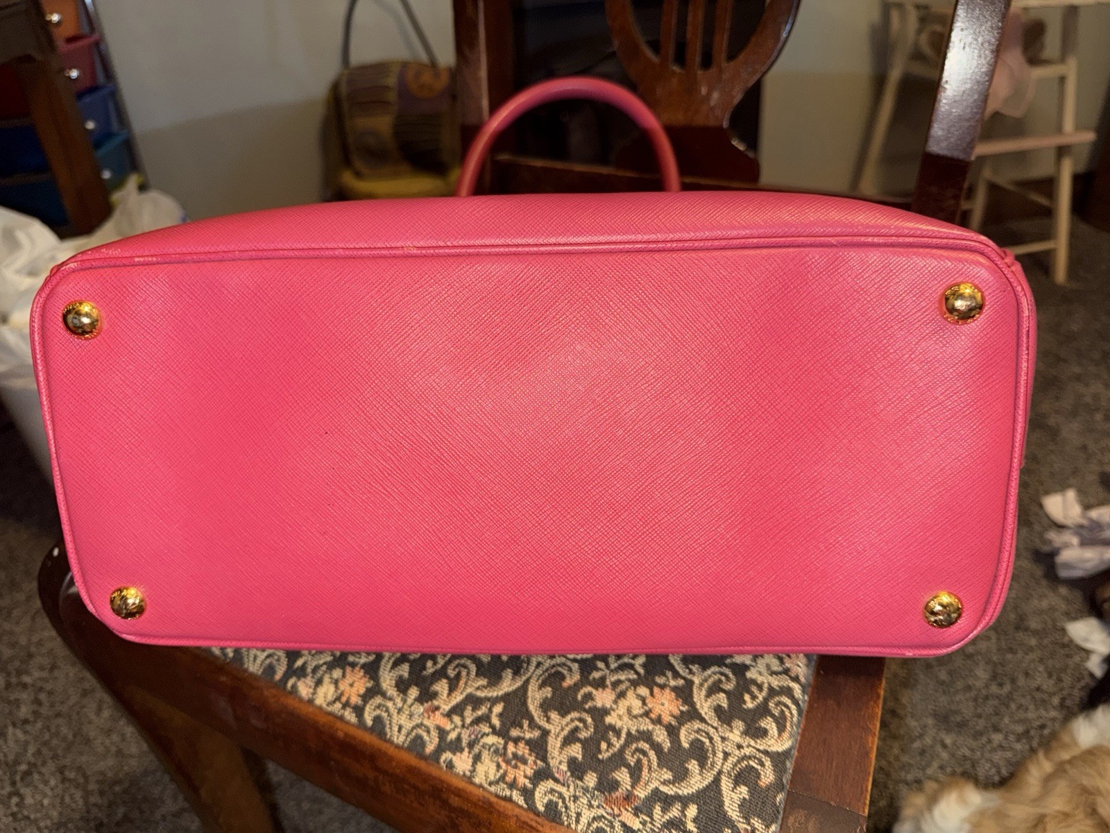PRADA Pink Saffiano Satchel Top Handle Bag Zip, Detachable Strap, Gold