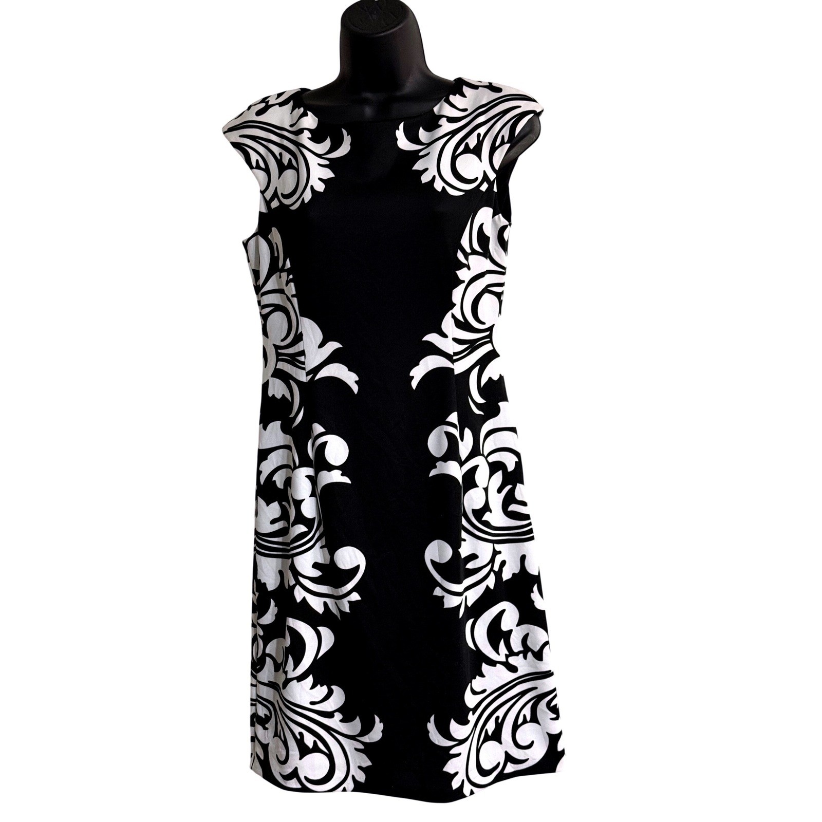 Maggy London Womens Black White Damask Sheath Dress Cap Sleeve Size 8 RN 58142
