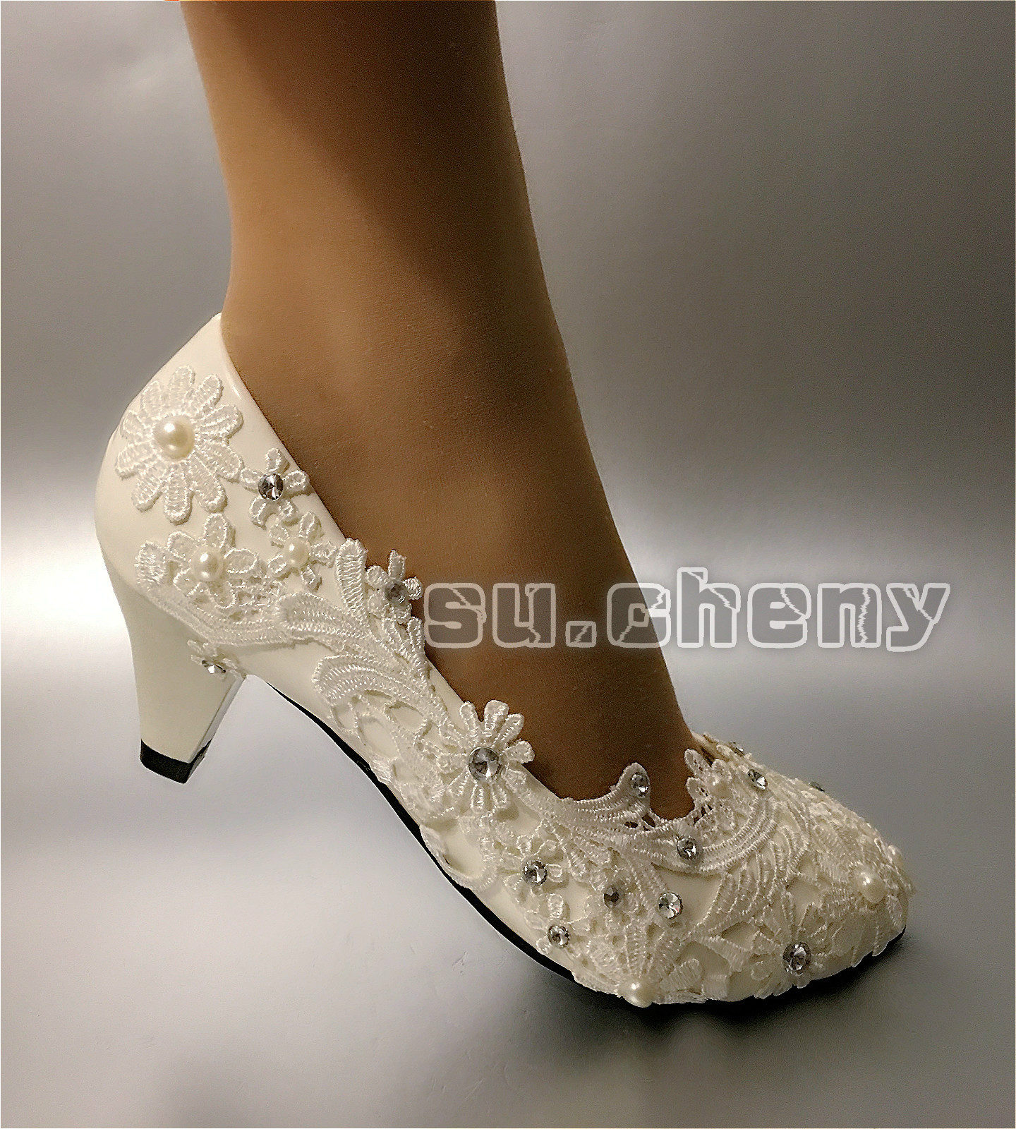 su.cheny Lace white ivory crystal flats wedge heels pump Wedding Bridal shoes