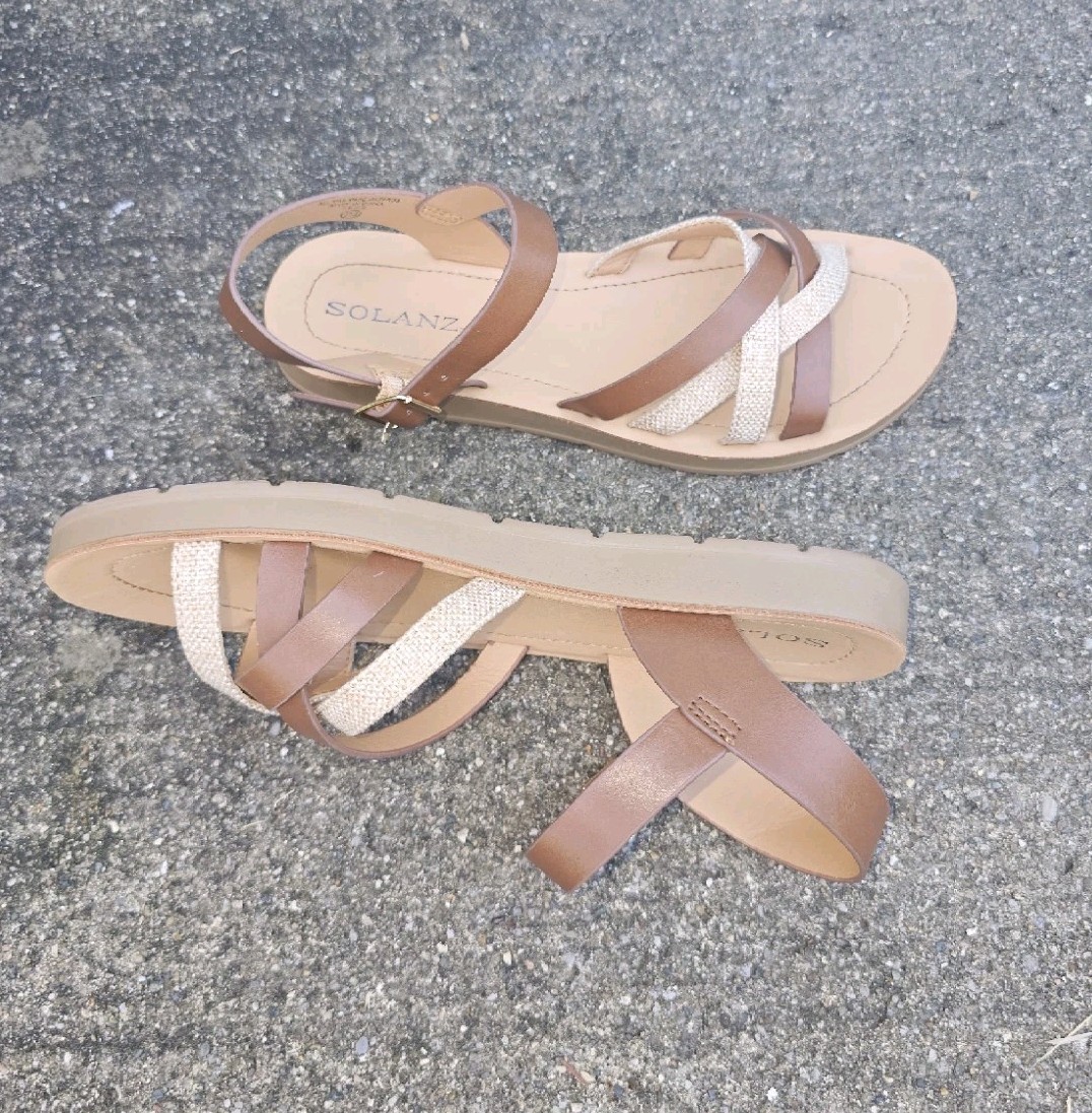 Solanz Brown/Beige Synthetic Strappy Ankle Strap Sandals Women’s 7 M/38