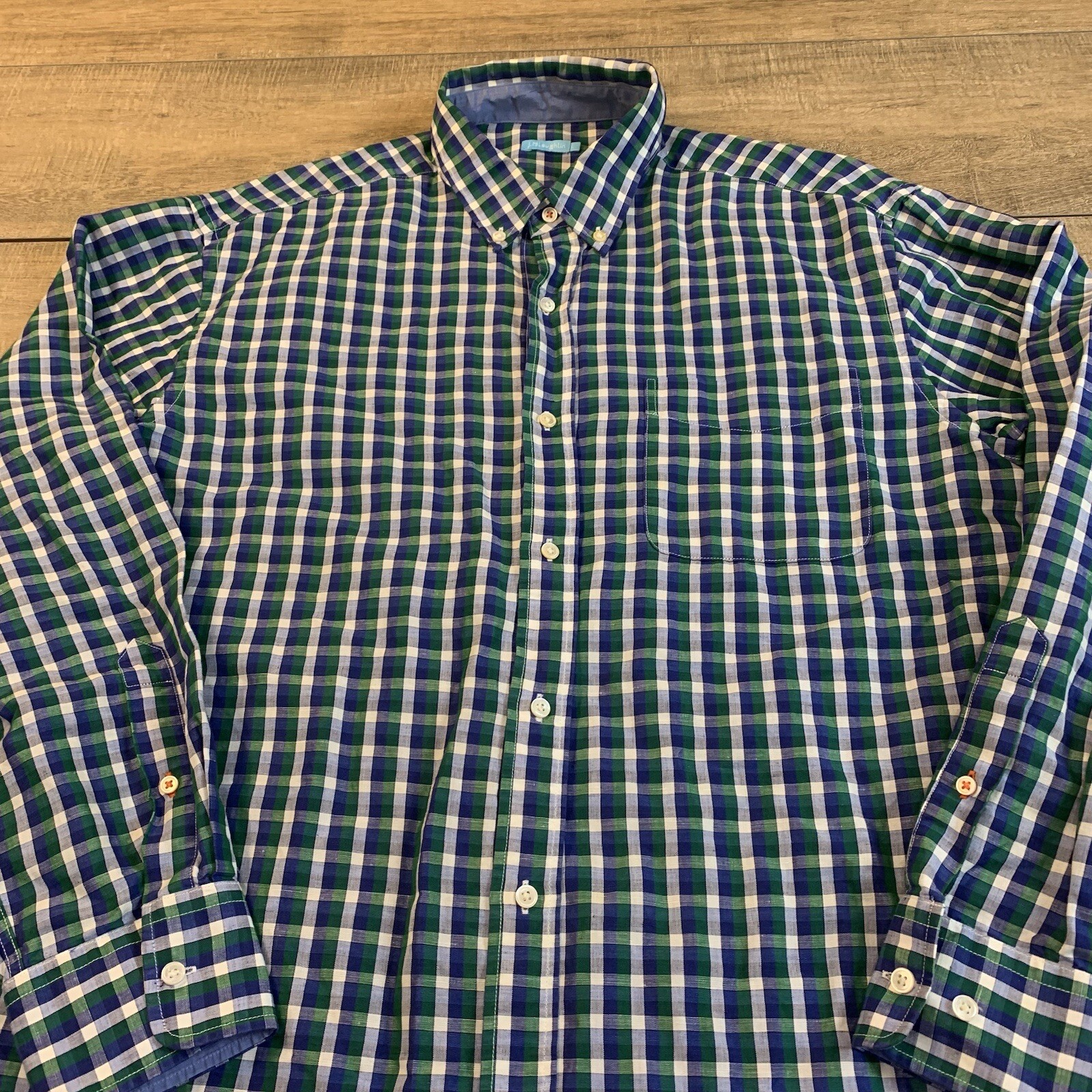 J McLaughlin Mens Long Sleeve Button Up Shirt Size Large 52% Linen Check B16
