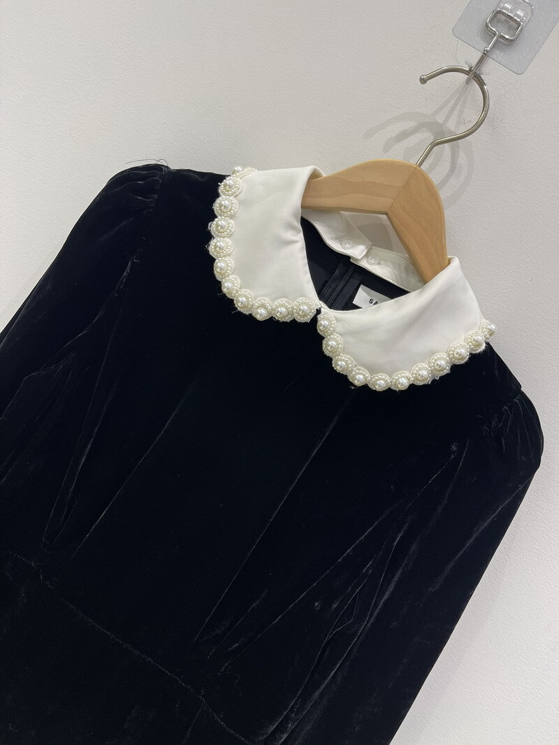 Sandro velour Pearl Doll collar Long sleeve Dress Black for Women