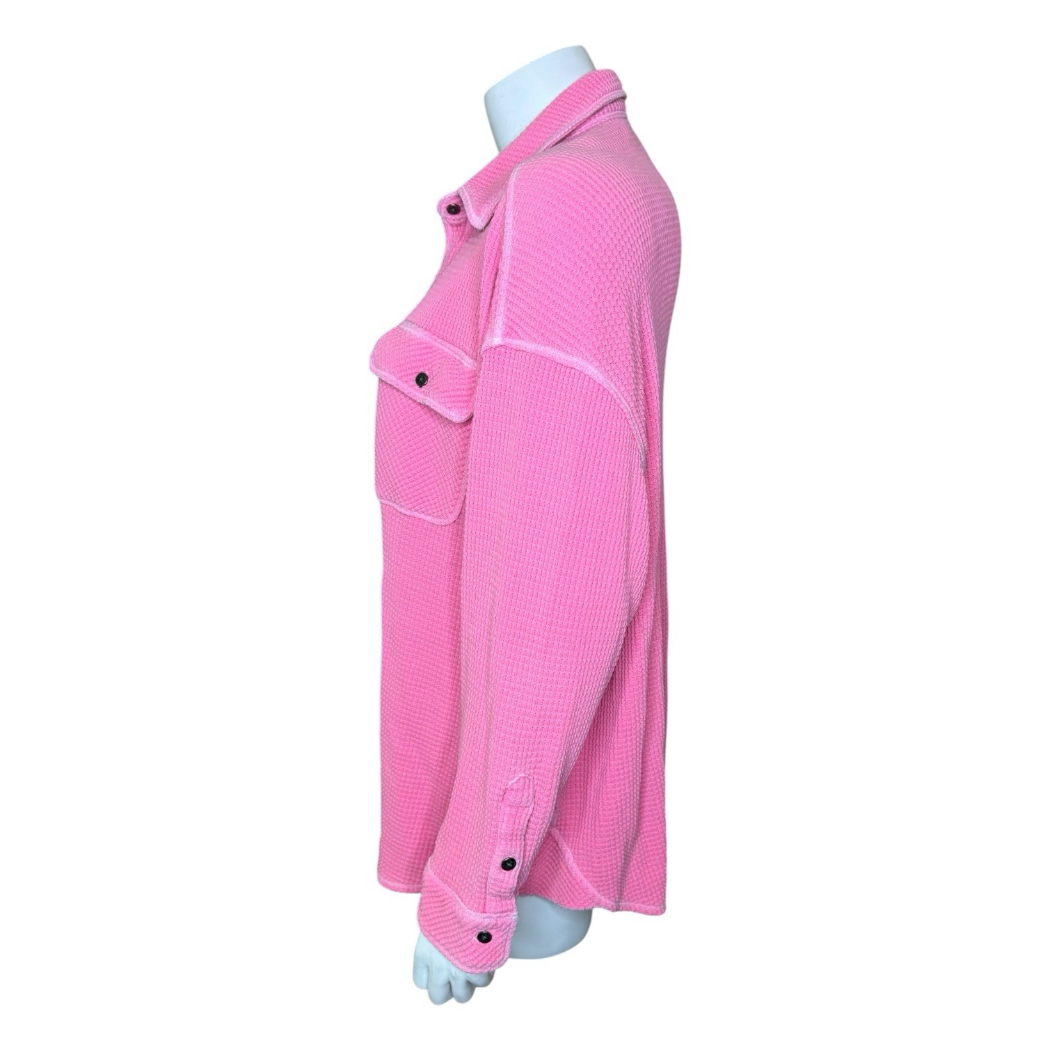 Aerie Lumber Jane Waffle Knit Button-Up Shirt S Pink Chest Pockets Oversized