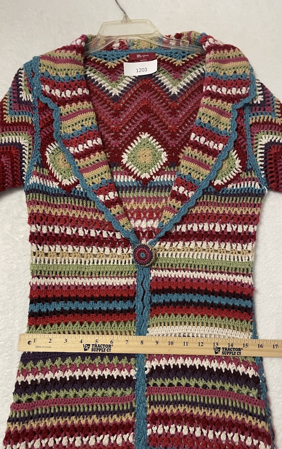 Monsoon Multicoloured Crochet Long Cardigan Size S/M (UK 10) Afghan Boho Hippie