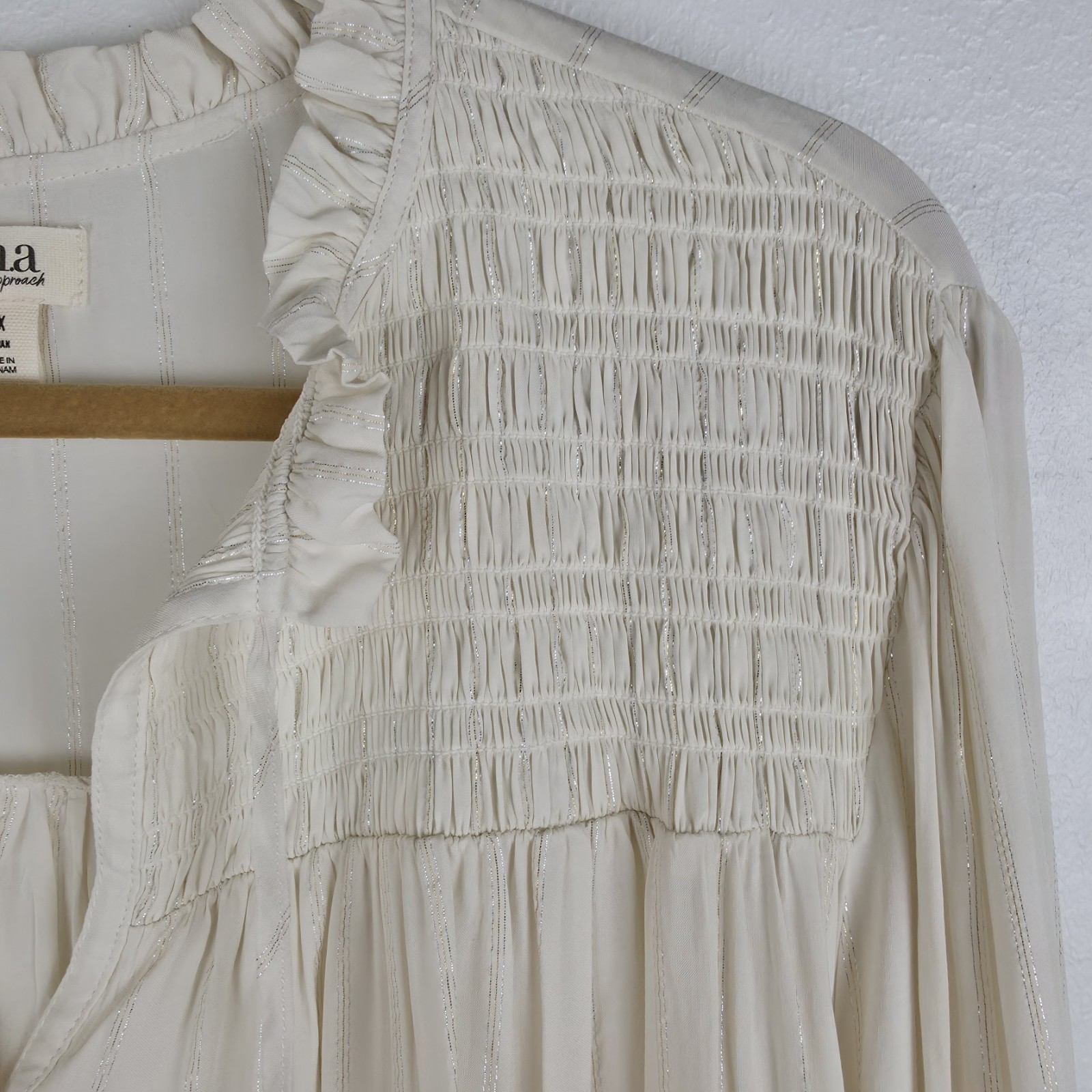 a.n.a 2X Boho Peasant Blouse Ivory Metallic Stripe Smocked Ruffle Cottagecore