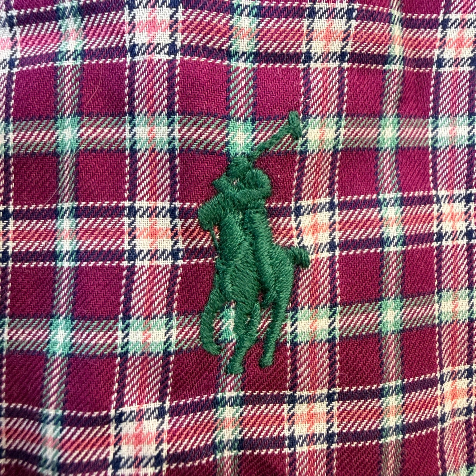Ralph Lauren Button Down Shirt Mens Small Maroon Green Plaid Cotton Custom Fit