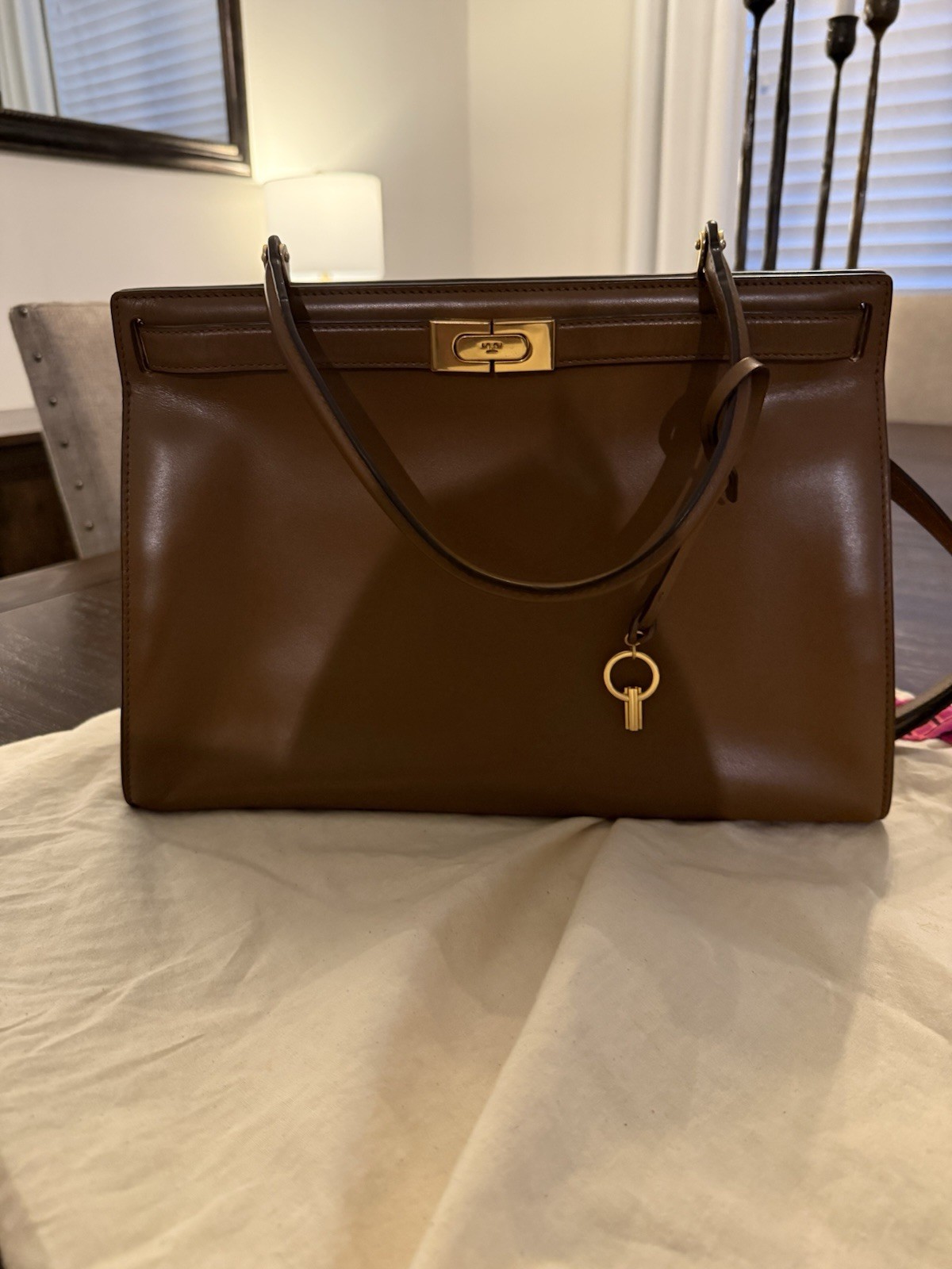 Tory Burch Lee Radziwill Leather Top Handle Satchel-Large in Moose w gold HW