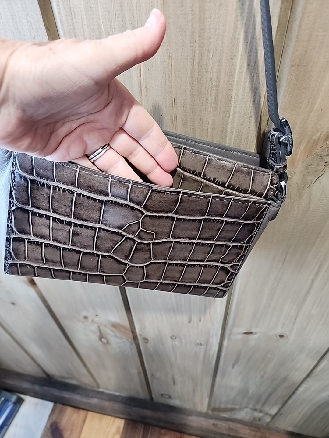 VTG-Brighton Crocodile Print Leather Purse-Has LG Pocket In Front & Back 9 x 7”h