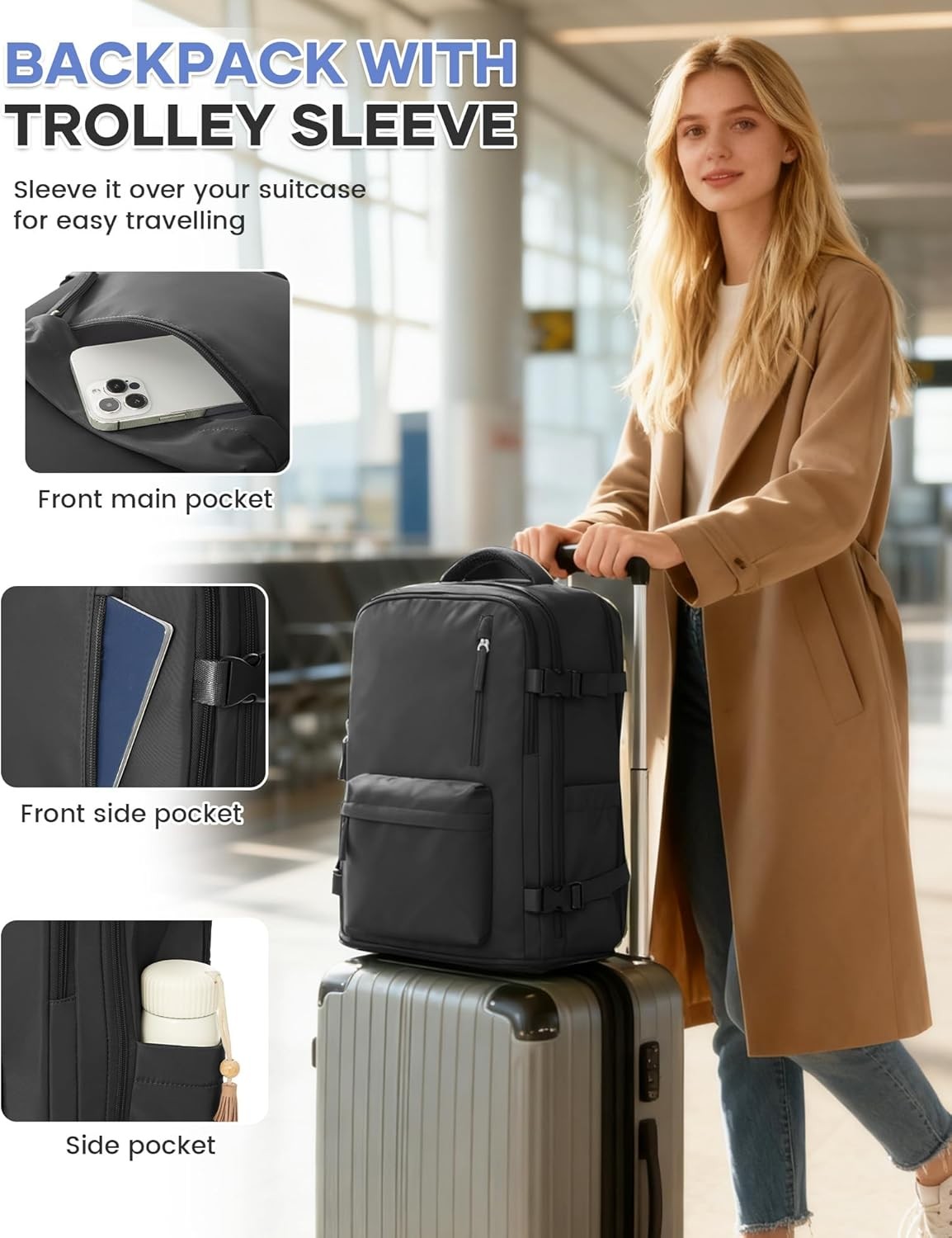 Large Travel Daypack Waterproof Laptop Backpack Carry On Black